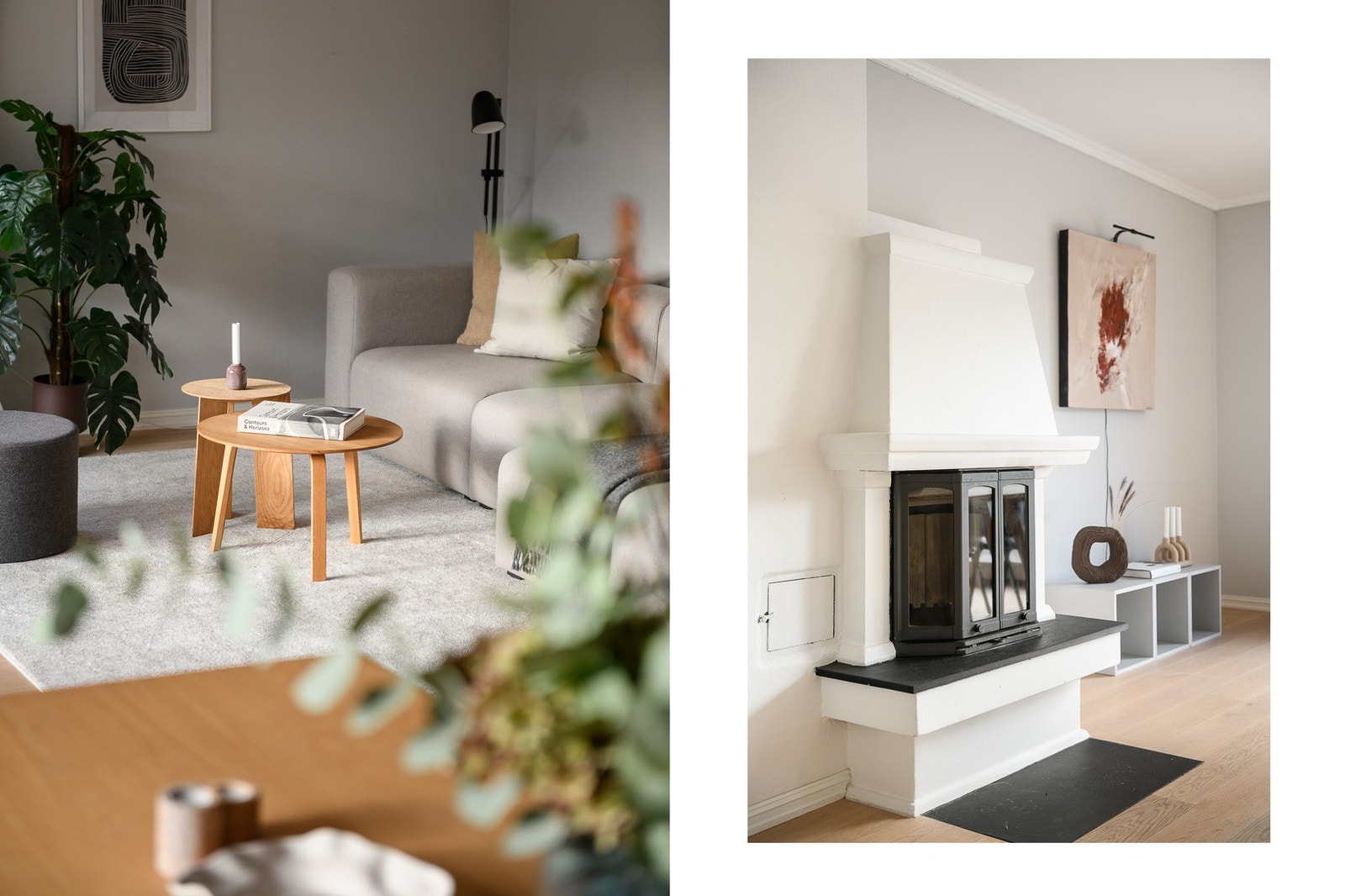 Det er både varmepumpe og gulvvarme. Mellom kjøkkenet og spisestuen er det en hvit, klassisk peis med innsats. Galleribilde