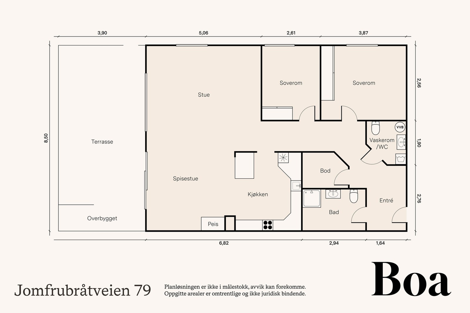 Entré, bod, vaskerom/wc. bad/wc. 2 soverom og stue/kjøkken. Disponibel bod på ca. 5,4 kvm i underetasjen. Galleribilde