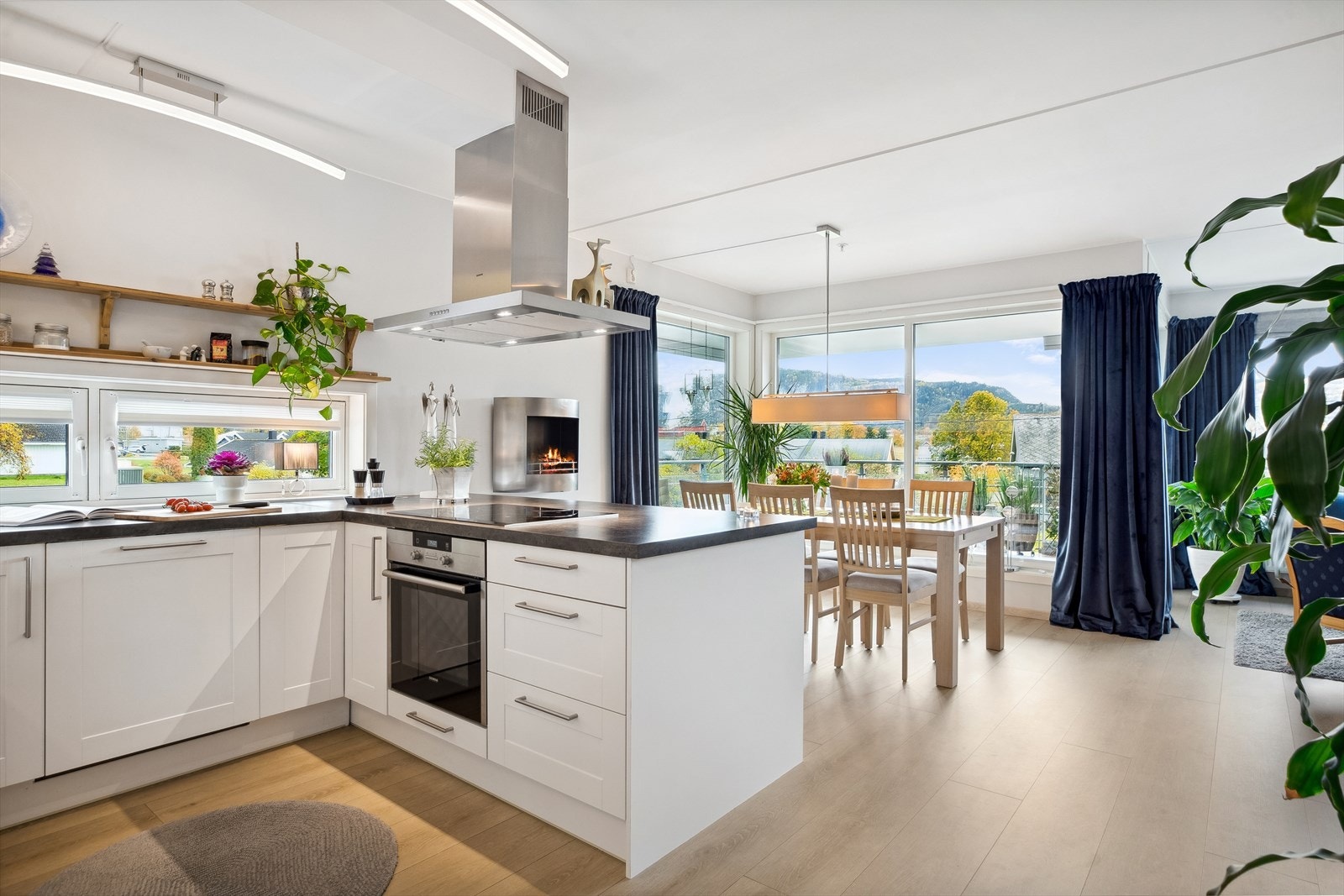 Kjøkkenet har flere integrerte hvitevarer og over platetoppen er det montert fritthengende ventilator i børstet stål. Galleribilde