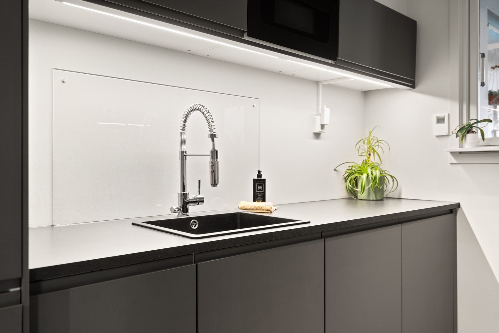 Glassplate bak stekesone og vask. Galleribilde