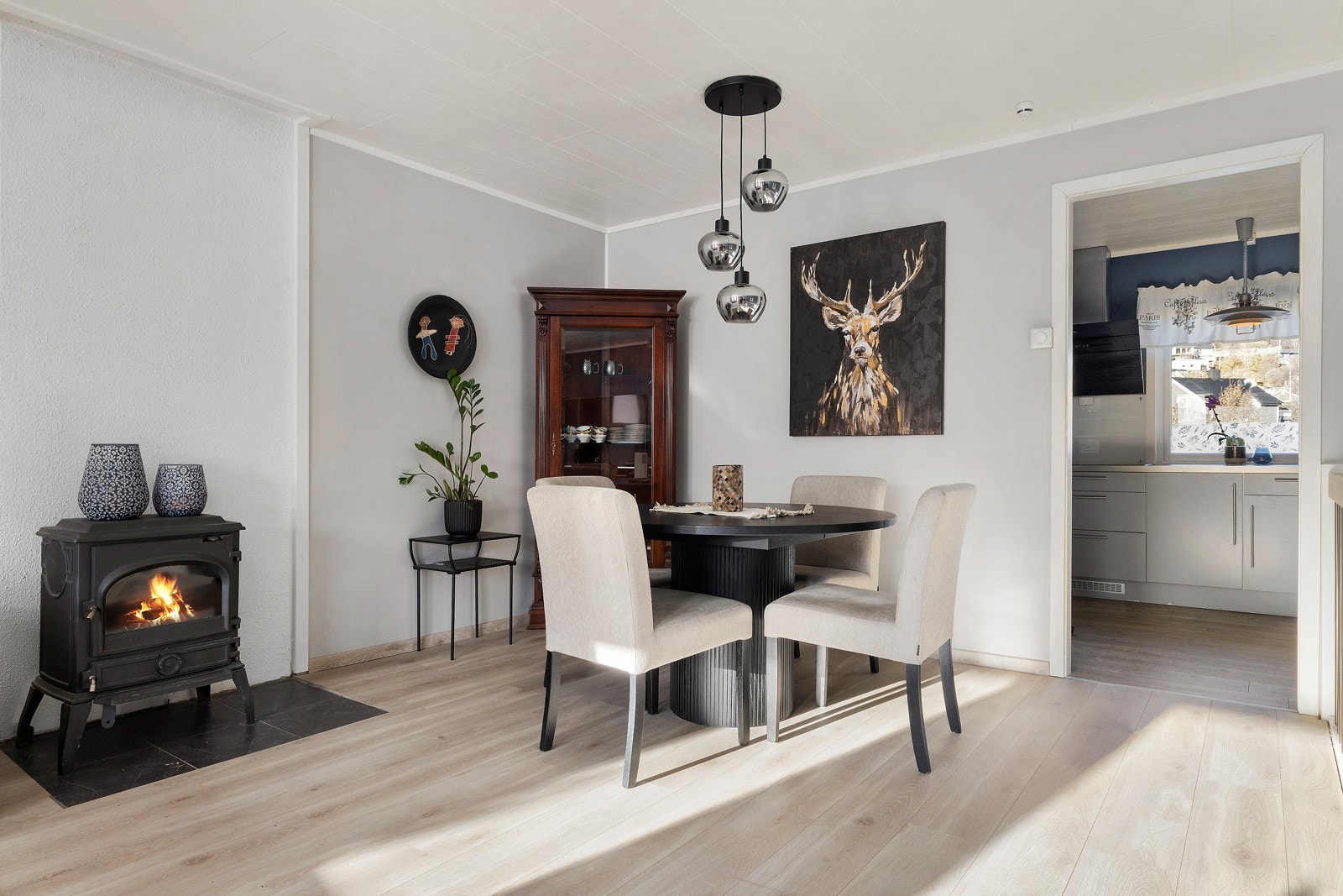 I tillegg til varmepumpen er det en flott vedovn som gir lun varme. Galleribilde