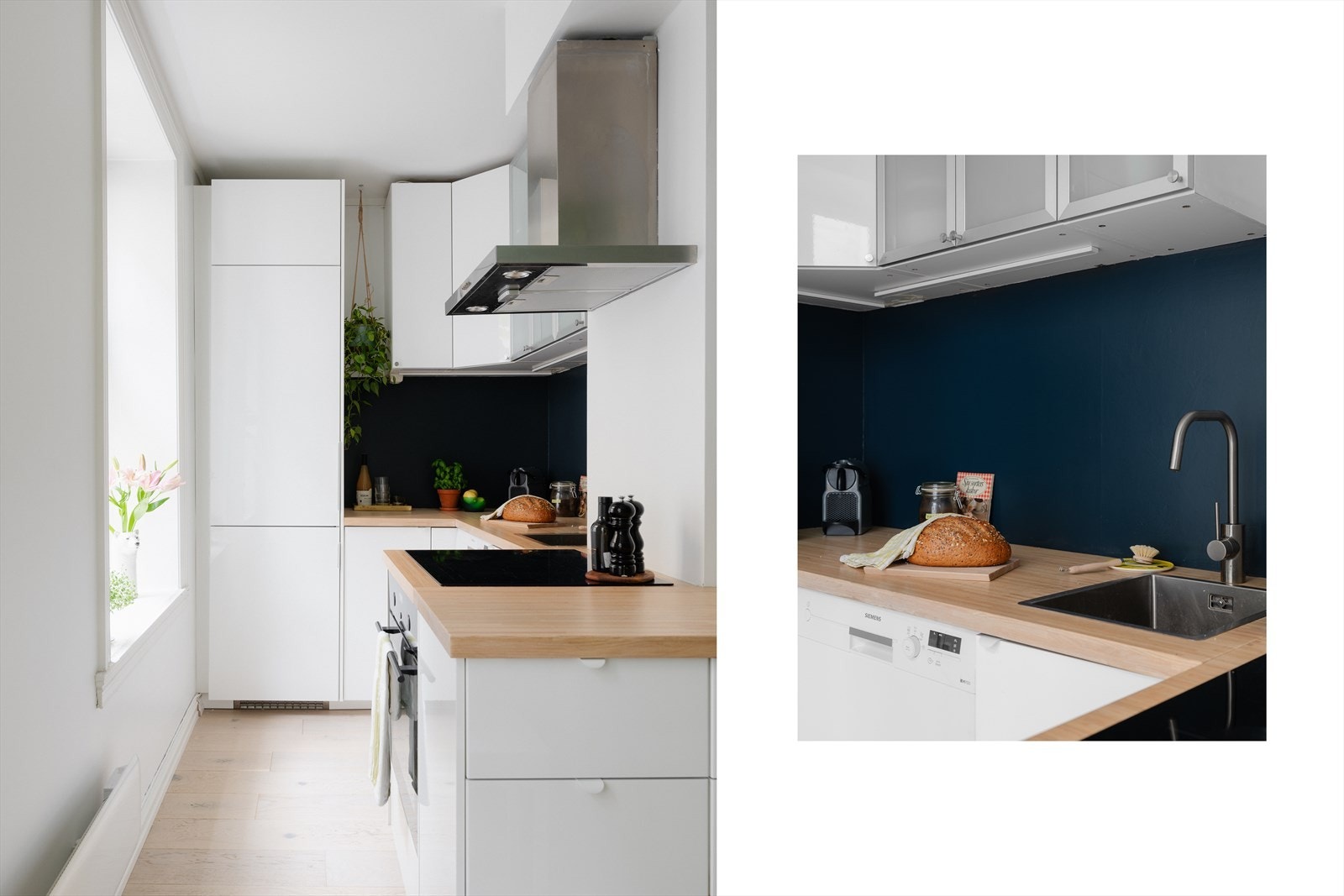 Kjøkkeninnredningen er fra 2015 og strekker seg fra gulv til tak og ben benkeplate som strekker seg over tre veggflater for gode arbeidsforhold. Galleribilde