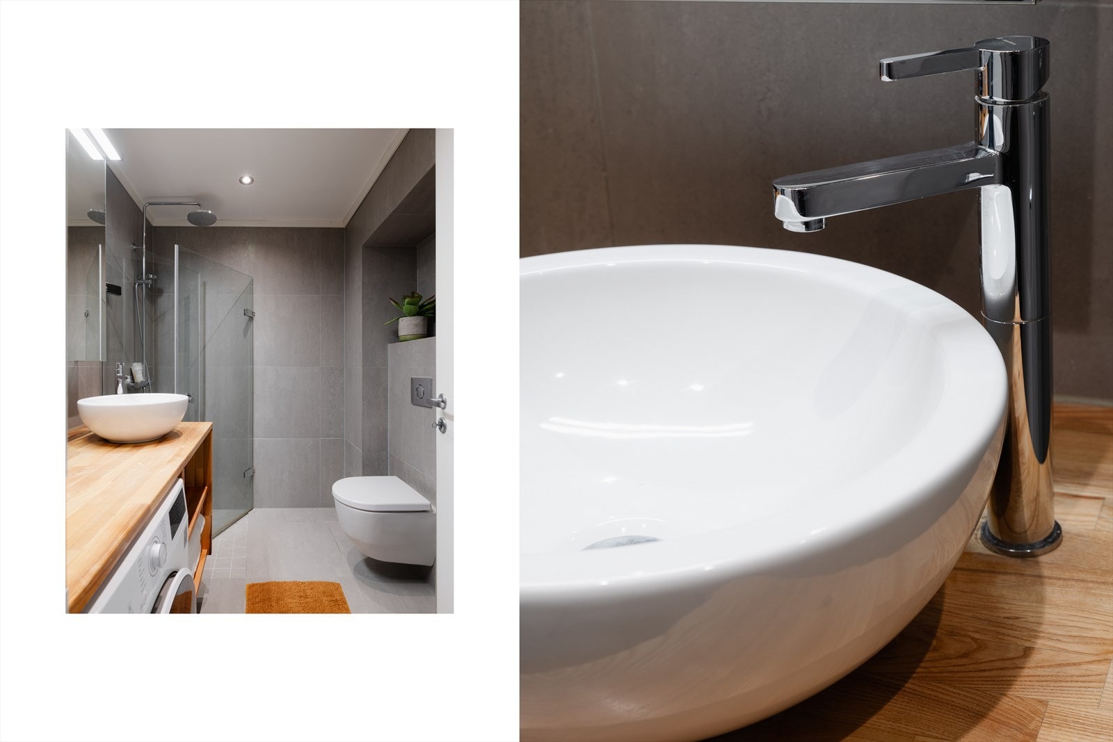 Badet har flislagte overflater i et dempet preg, samt en heltre innredning som gir et gjennomført og helhetlig inntrykk mellom vaskemaskin, vaskesone og hyller. Galleribilde