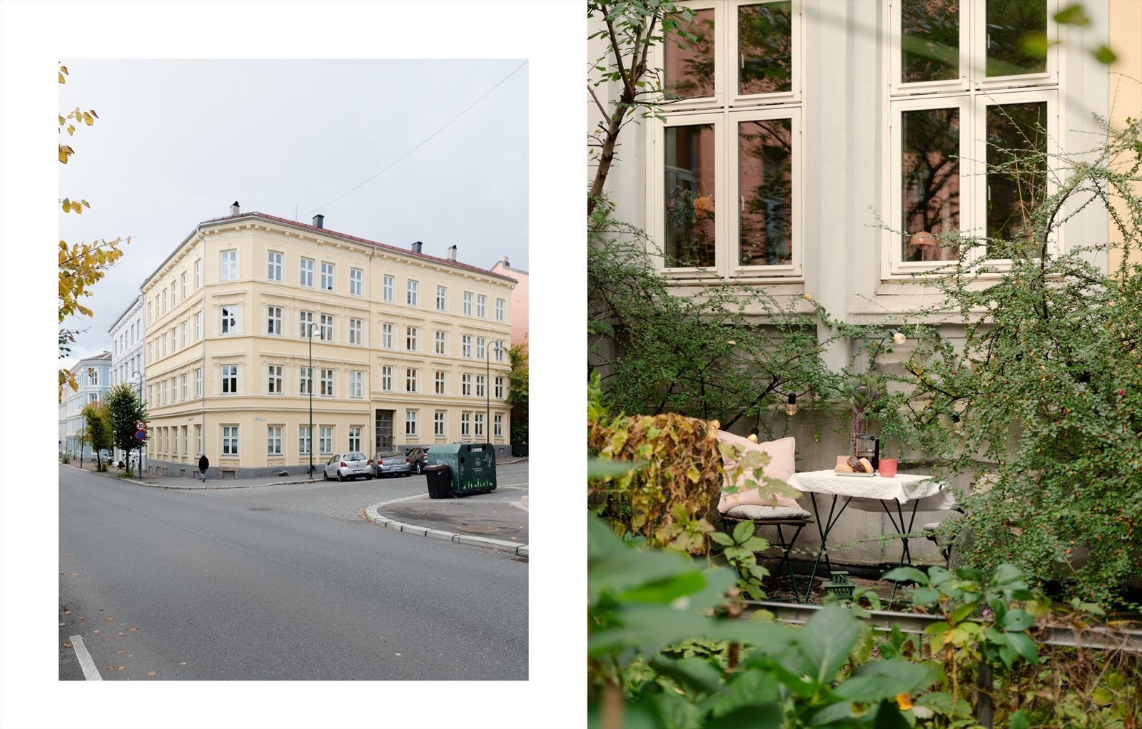 Leiligheten ligger fint til i denne gule bygården, der hele leiligheten vender mot indre gårdsrom på begge sider - ingen vinduer ut mot gate! Galleribilde