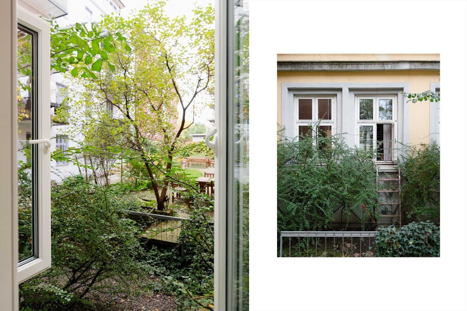 Utenfor stuevinduet møtes man av et grønt og naturskjønt utsyn, og en stige som lar deg ta snarveien ned til hyggelig, grønn bakgård der selger disponerer bord og stoler. Galleribilde