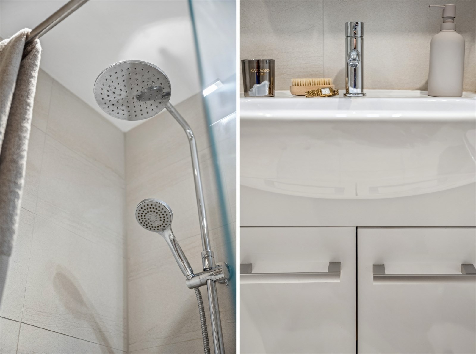 Badet består av vegghengt wc, servant m/underskap, overskap m/speilfronter og overlys, samt dusjnisje med glassvegg mot innredning Galleribilde