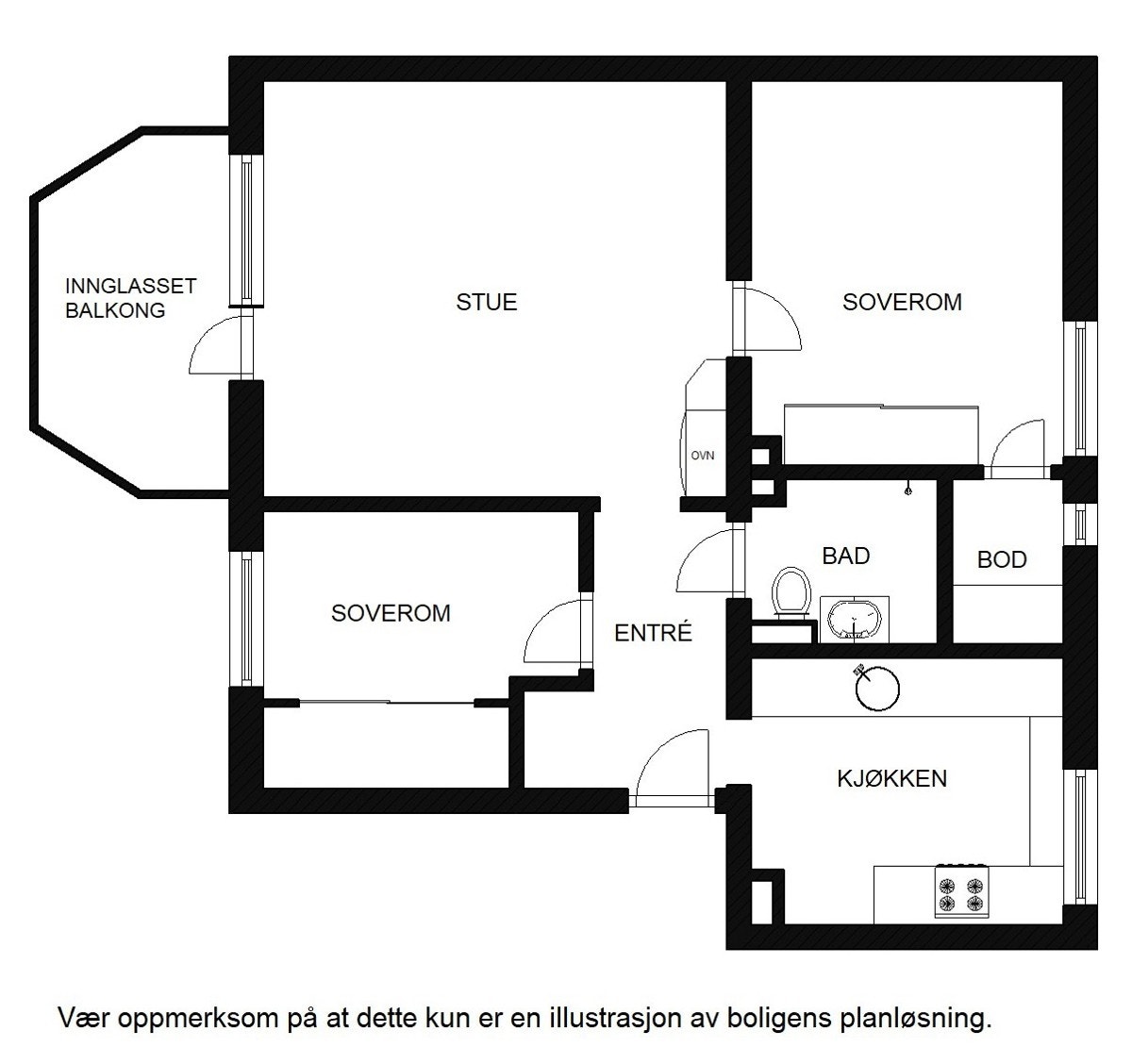 Planskisse. Utover overnevnte areal disponerer leiligheten loftsbod og 2 kjellerboder. Galleribilde