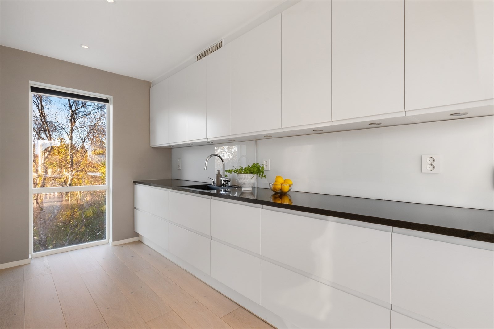 Det er integrerte hvitevarer; oppvaskmaskin, helt kjøleskap, eget fryseskap, mikro, platetopp og komfyr. Galleribilde