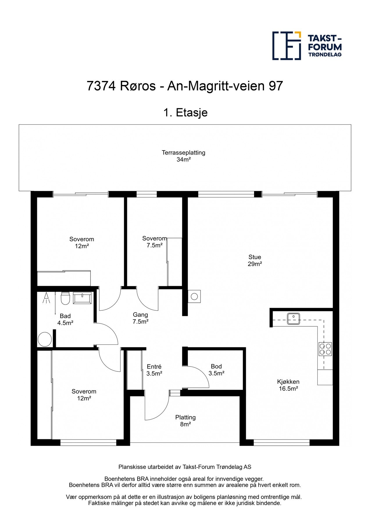 Plantegning. Fritidsleiligheten har en godt utnyttet planløsning med entré/hall, åpen stue og kjøkkenløsning med adgang til terrasse, teknisk rom, tre soverom og et pent og praktisk bad Galleribilde