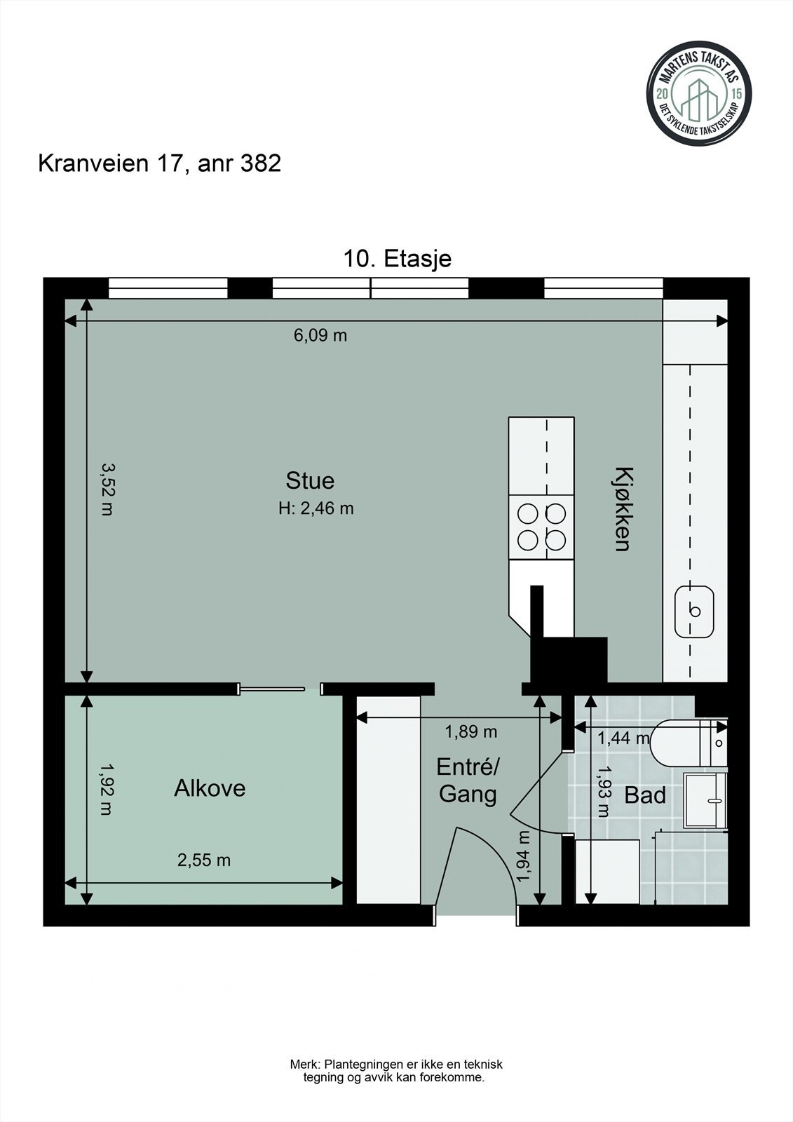 Leiligheten inneholder: Entré, kjøkken/stue, akove og bad. I tillegg disponerer leiligheten bod i kjeller. Galleribilde