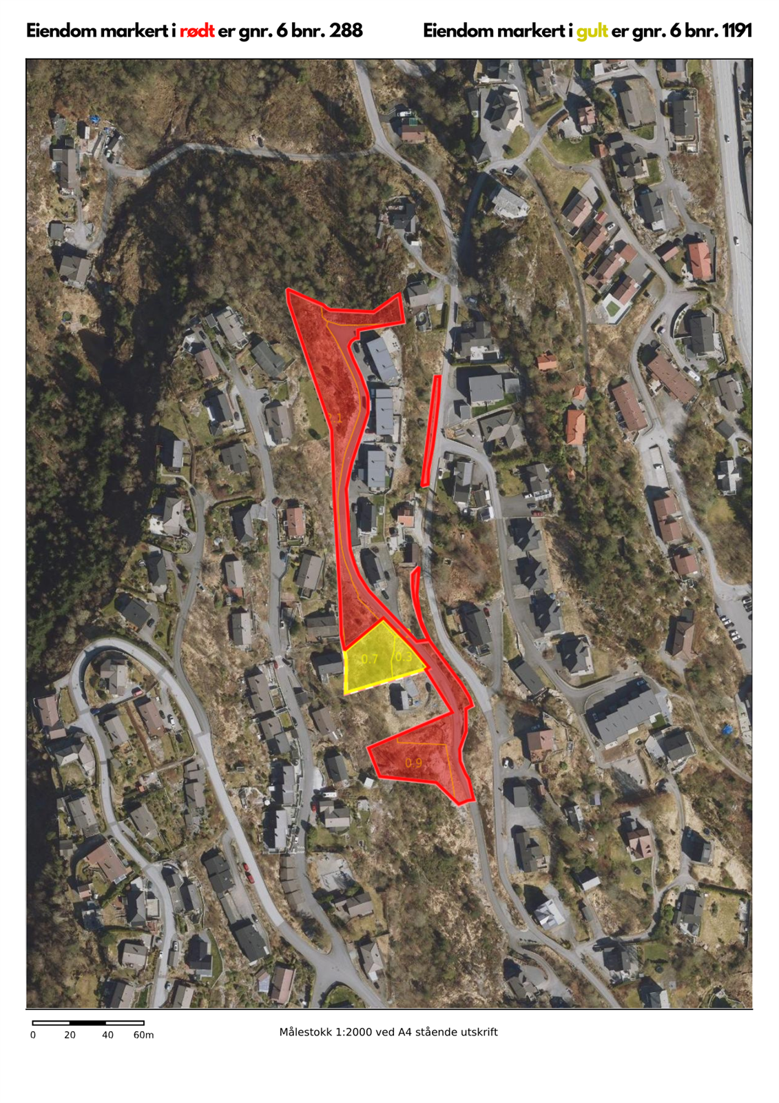 Oversikt over begge parseller. Eiendom markert med rødt er gnr. 6 bnr. 288 og eiendom markert med gult er gnr. 6 bnr. 1191 i Askøy kommune. Galleribilde