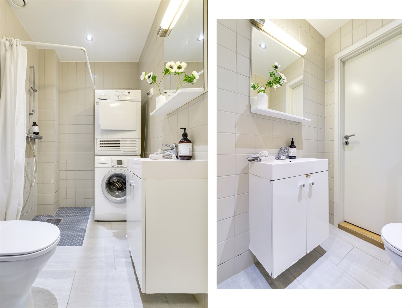 Badet er utstyrt med servant, servantskap, veggmontert speil, klosett, dusjbatteri og forheng samt opplegg vaskemaskin. Galleribilde