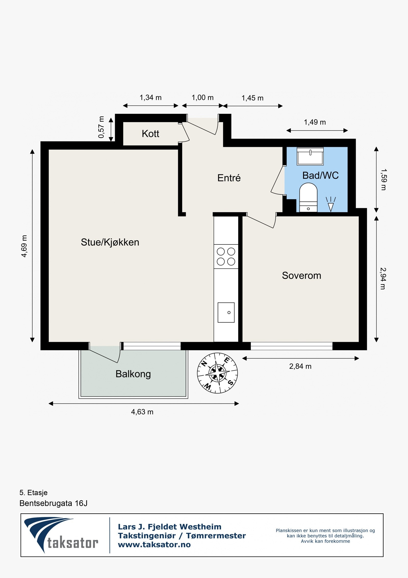 Plantegning. Leiligheten disponerer 1 kjellerbod på 2,8m² og 1 loftsbod med gulvareal på 10m² og målbart areal på 1,2m², grunnet skråtak. Galleribilde