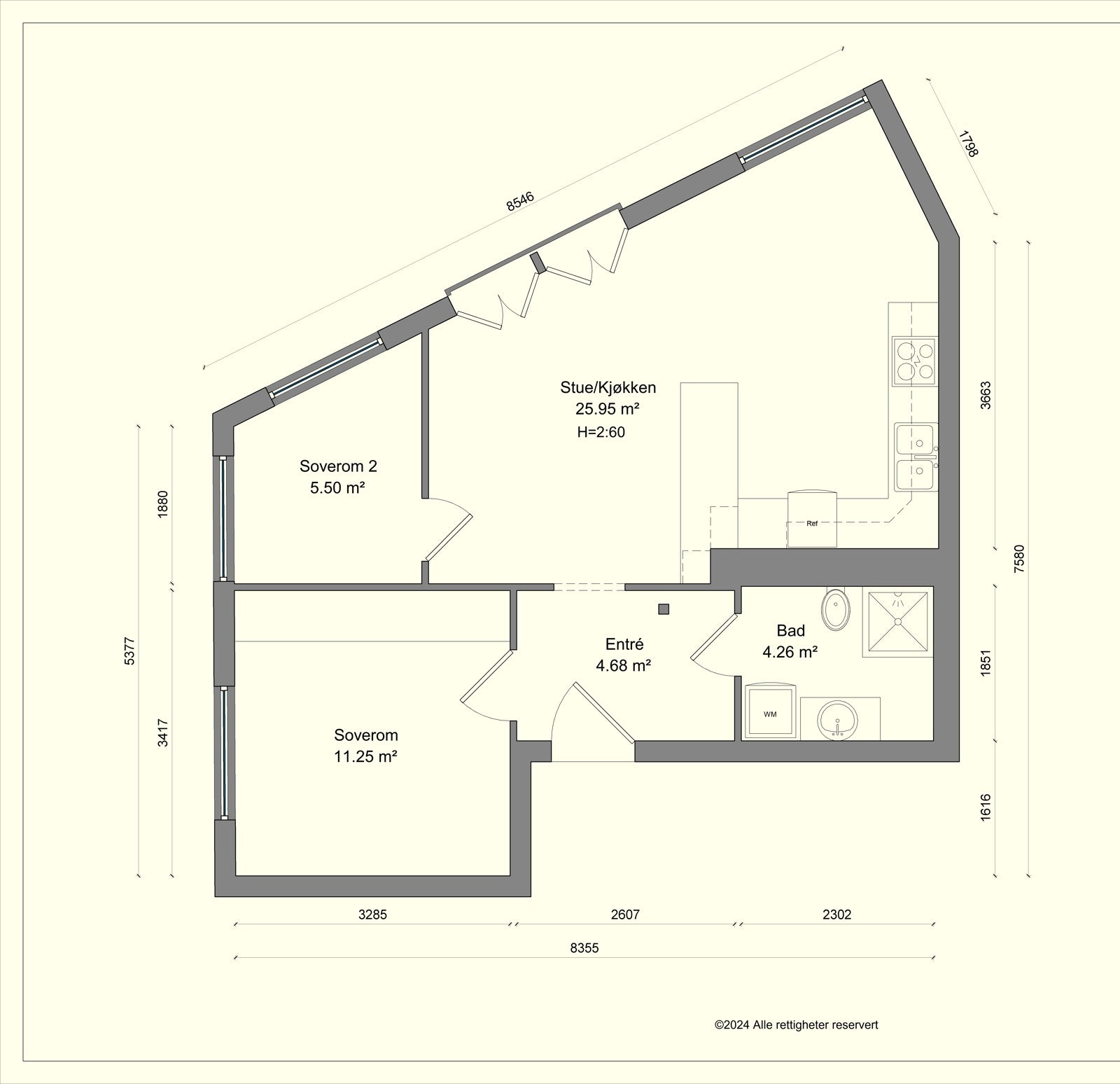 Alternativ planløsning med 2 soverom. Kjøper må selv undersøke mulighetene for dette. Galleribilde