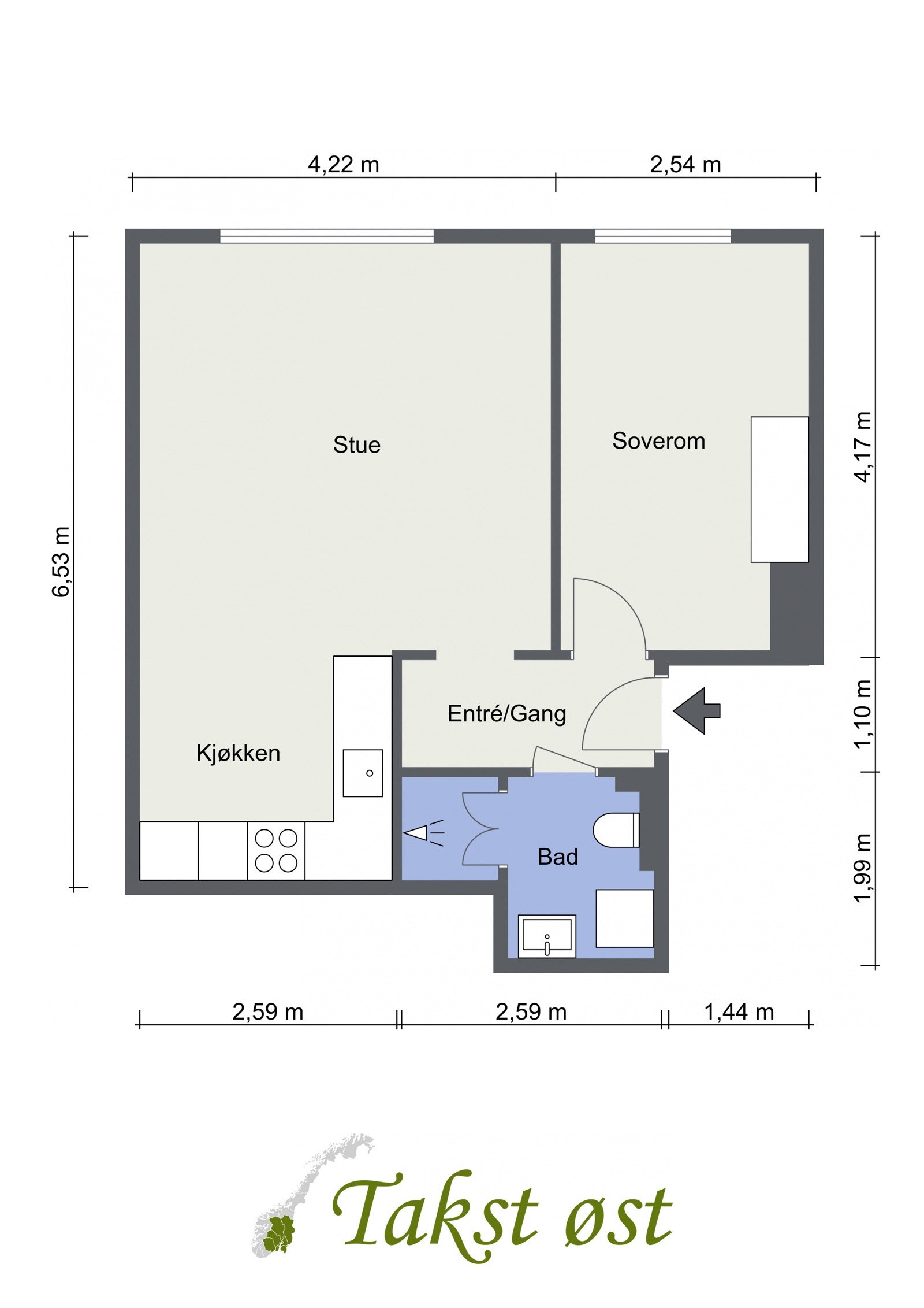 Plantegning. Det medfølger egen bod, samt tilgang til fellesvaskeri (også opplegg for vaskemaskin i leilighet). Galleribilde