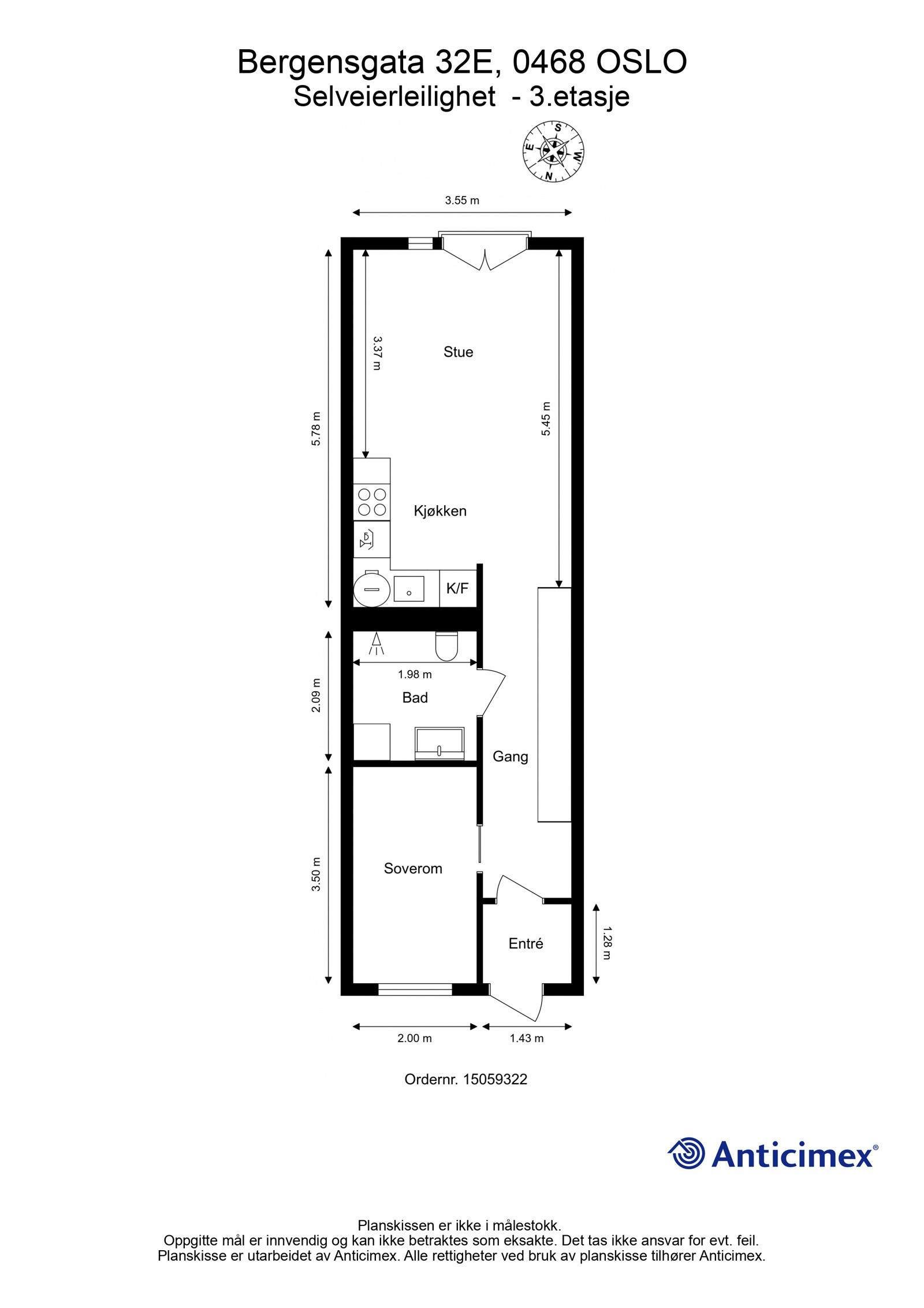 Plantegning. I tillegg disponerer leiligheten en kjellerbod. Heis i bygget. Galleribilde