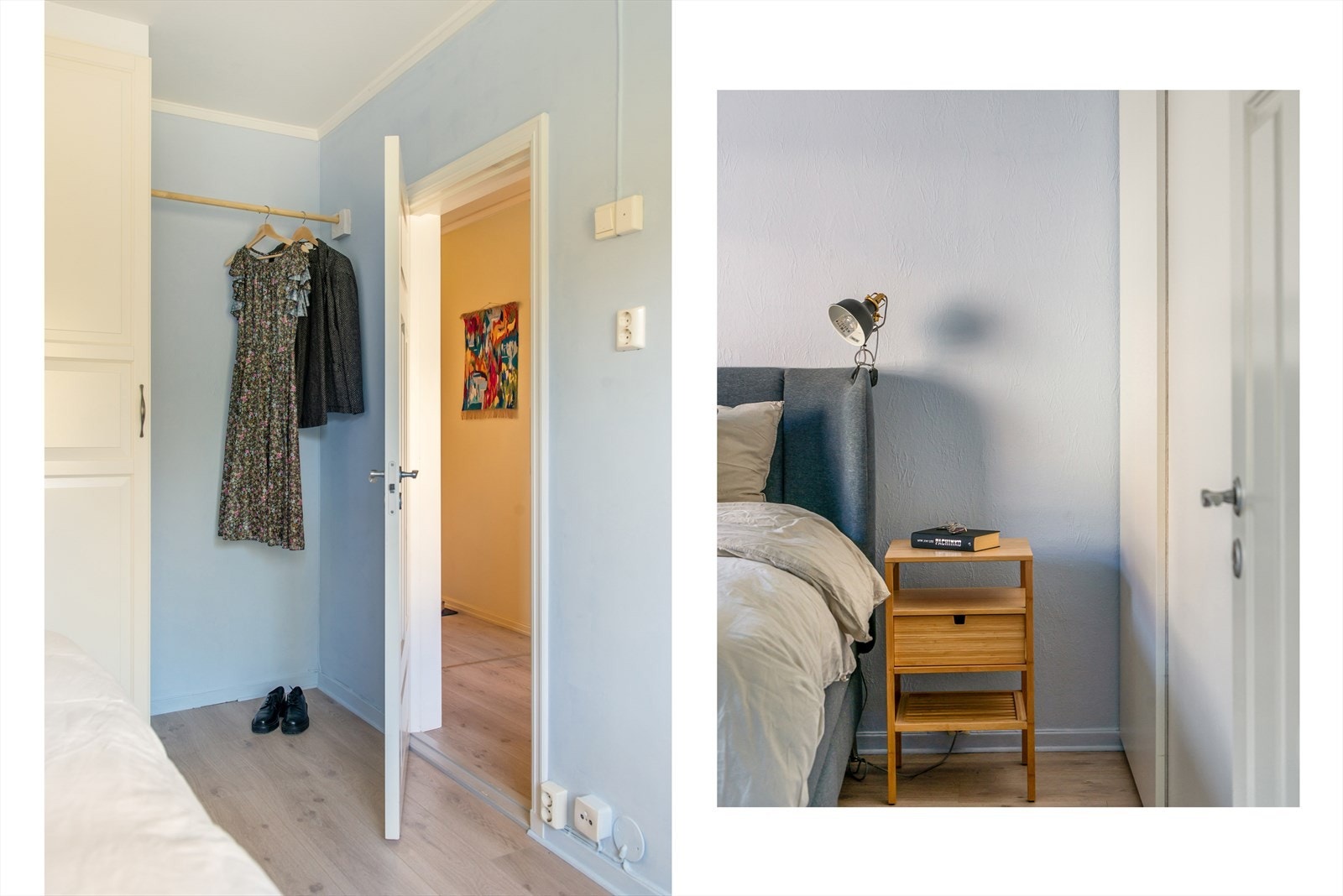 En stor garderobe strekker seg langs veggen og gir selv den klesglade nok skapplass. Galleribilde