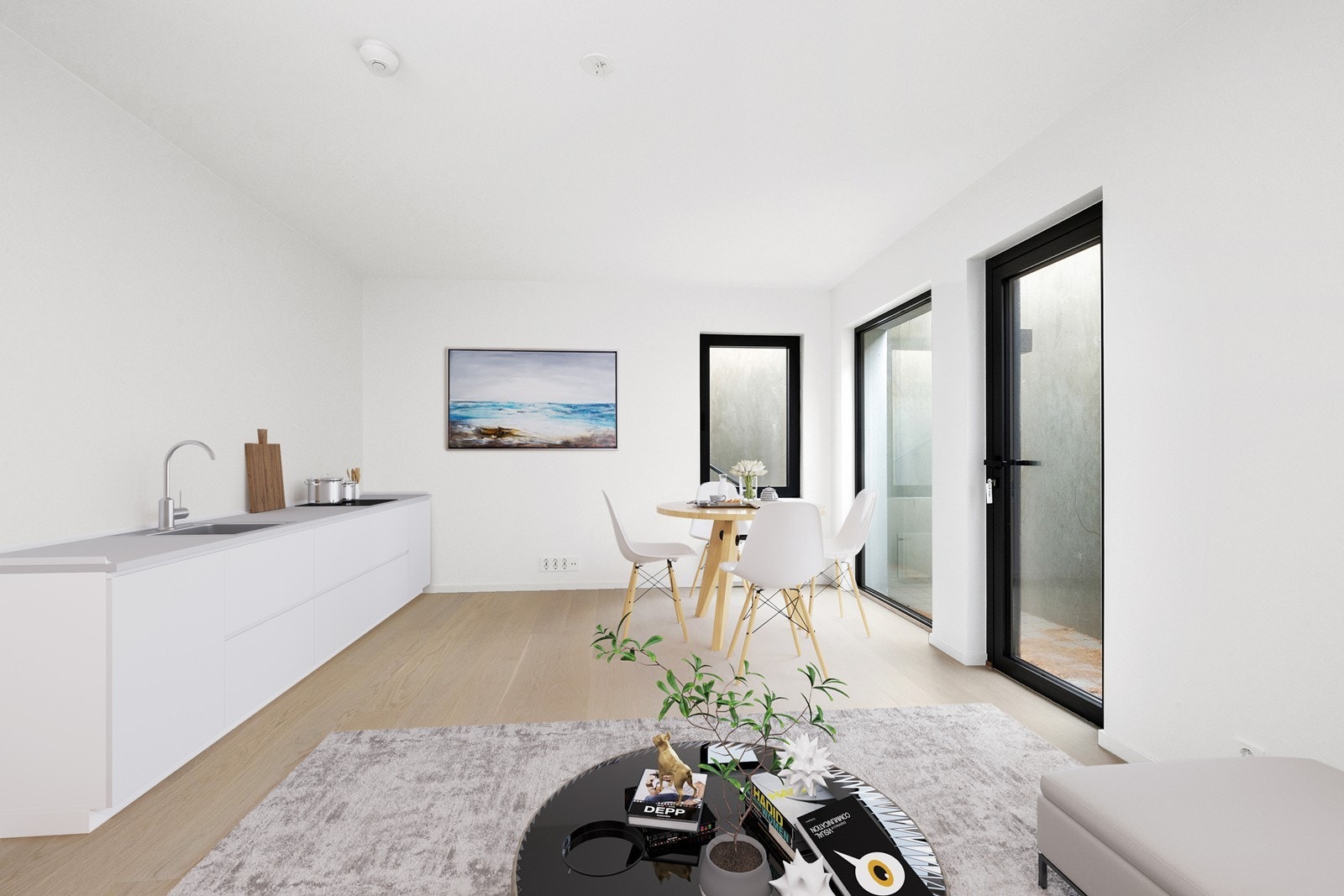 Mulig hybel del - med stue/soverom og opplegg for hybelkjøkken (møblert foto/visualisering). Galleribilde
