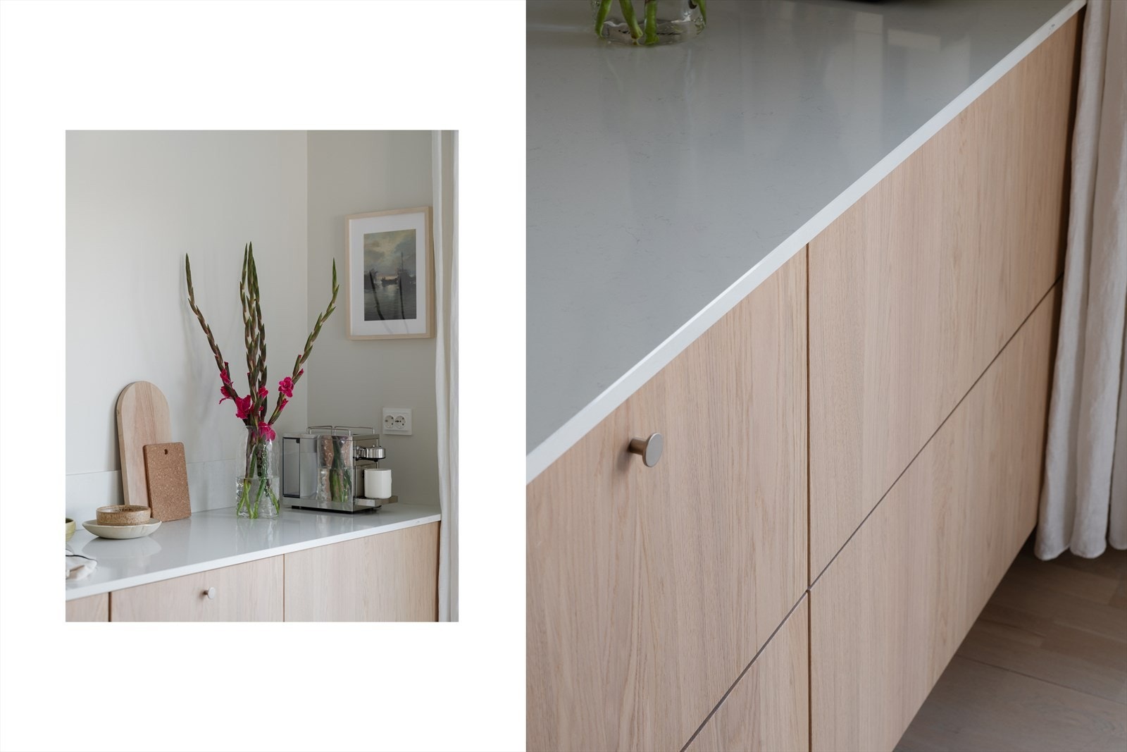 Kjøkkeninnredning med slette lakkerte fronter og fronter i eik, stein benkeplate, underlimt oppvaskkum, kjøkkenventilator i stål med kanal til felles sentralventilasjon. Galleribilde