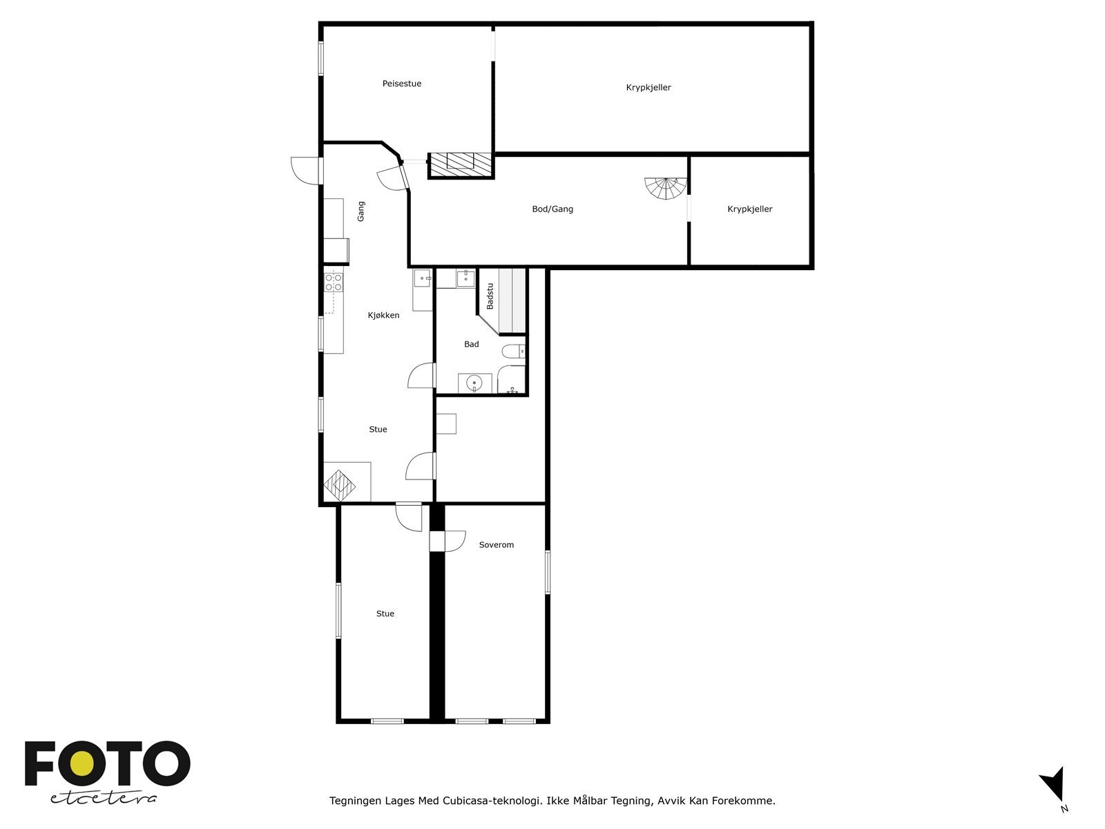 Plantegning underetasje. Her er også teknisk rom med jordvarme/bergvarmepumpe. Borehull/energibrønn 220 m dyp iflg. eier. Galleribilde