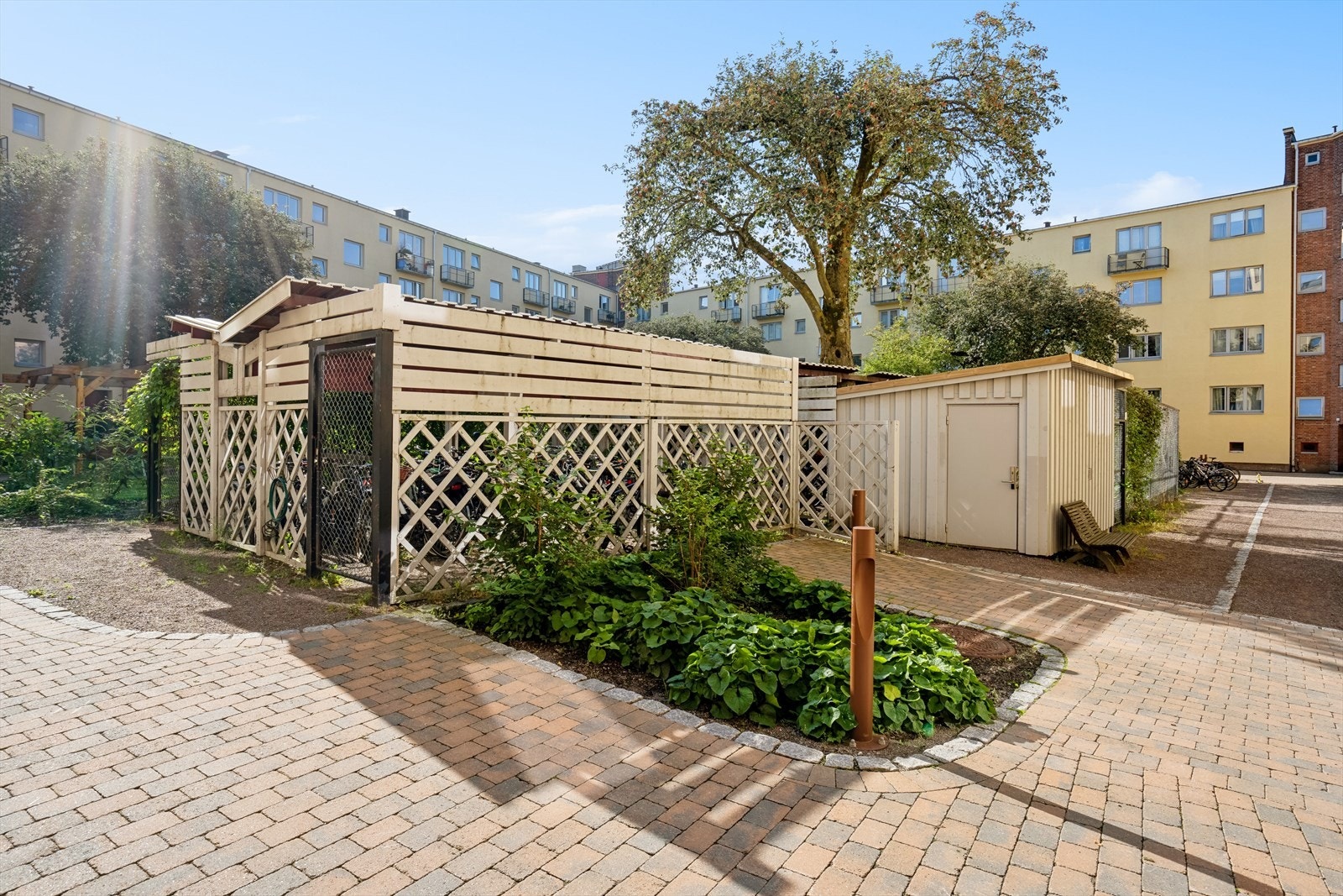 Inngjerdet sykkelparkering og ute-bod med felles redskaper Galleribilde