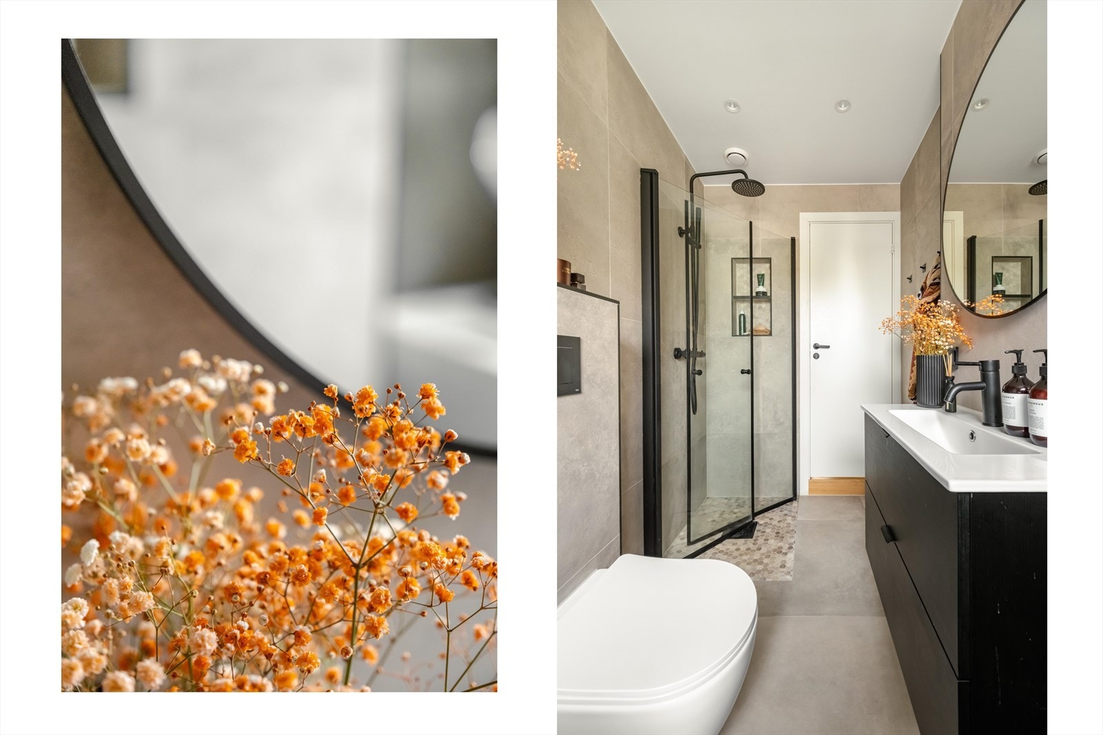 Svart baderomsinnredning med heldekkende servant og speil over. Vegghengt toalett og opplegg for vaskemaskin. Nedsenket dusj med mosaikkfliser på gulv og innfellbare glassdører. Galleribilde