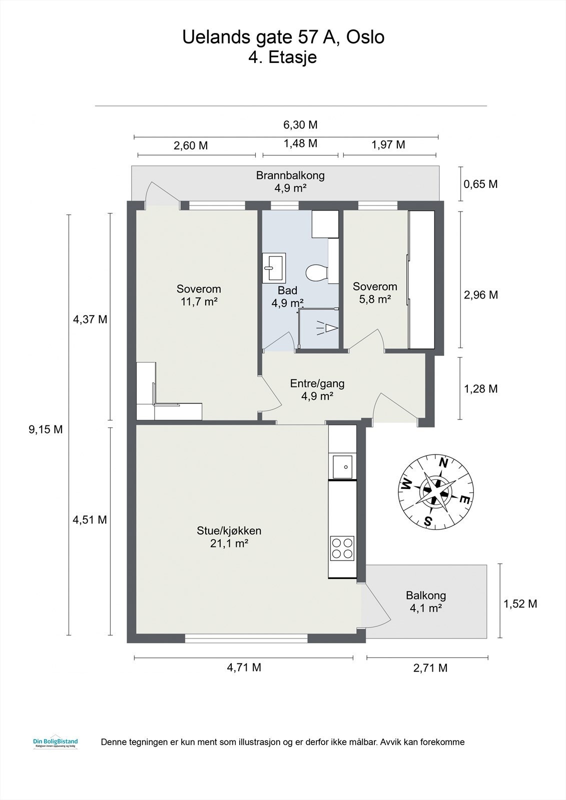 Plantegning. Leiligheten ligger i 4. etasje og inneholder entré/gang, bad, 2 soverom - ett med utgang til balkong, åpen stue- og kjøkkenløsning med utgang til balkong. I tillegg disponerer leiligheten én kjellerbod og én loftsbod. Galleribilde