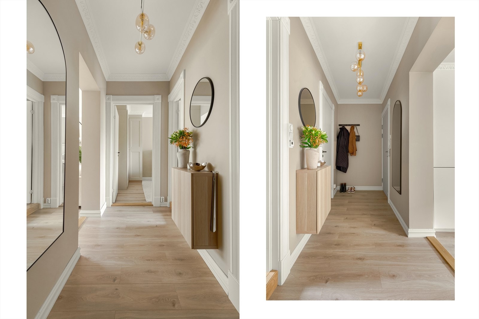 Lys og innbydende entré som gir et godt førsteinntrykk av boligen. Her har du god plass til å henge fra seg yttertøy og sko. Entréen har lysmalte vegger, stukkatur og flott laminatgulv. Galleribilde