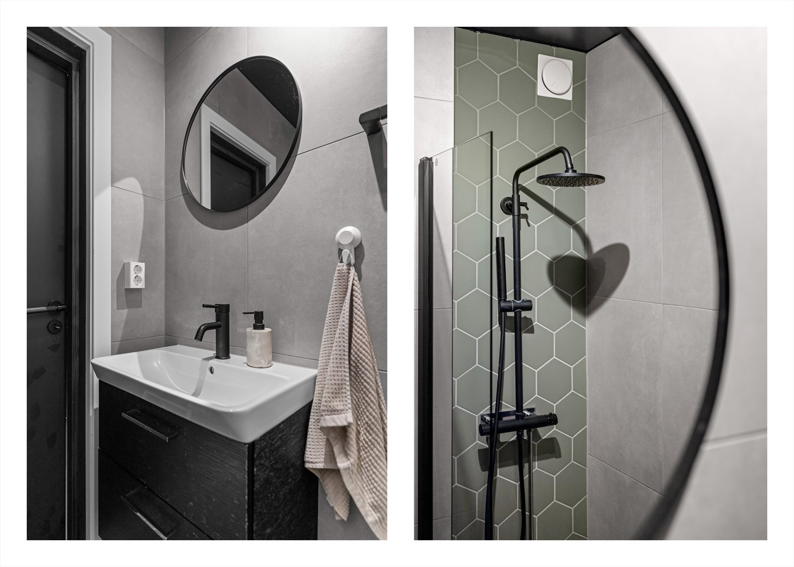 Overflater er utført med flislagte vegger og malt himling med innfelte downlights. Flislagt gulv med elektriske varmekabler Galleribilde