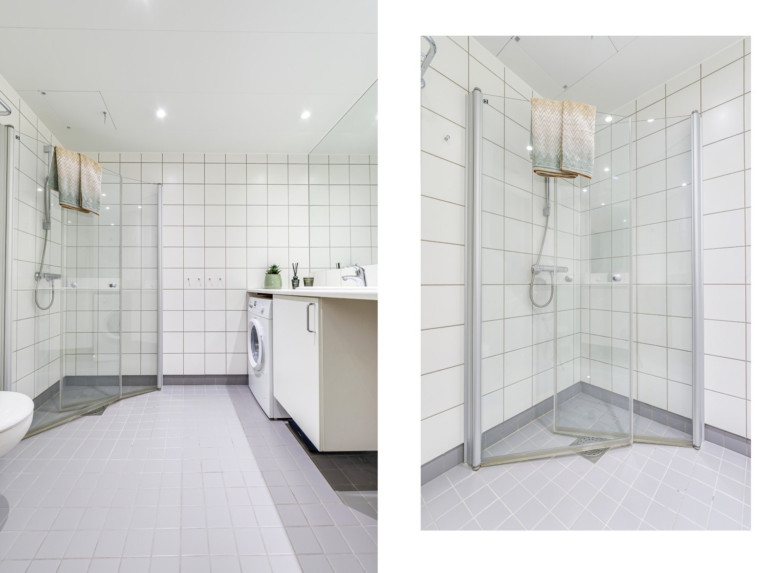 Badet er innredet med vegghengte dusjdører i glass. Galleribilde