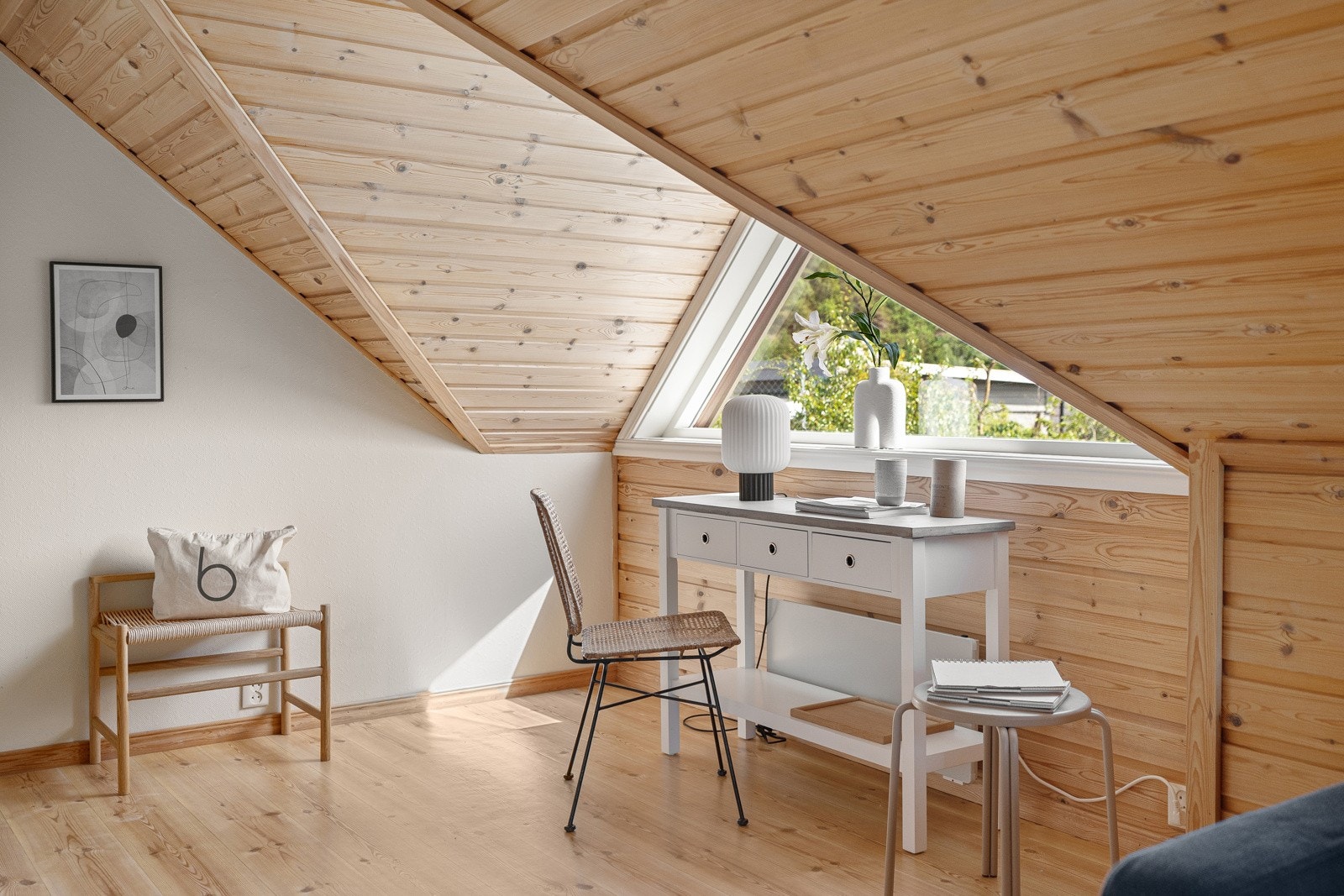 Loftstuen har godt med naturlig lysinnslipp fra vinduer, og man har utgang til sør-vestvendt altan på 3,4 m². Galleribilde