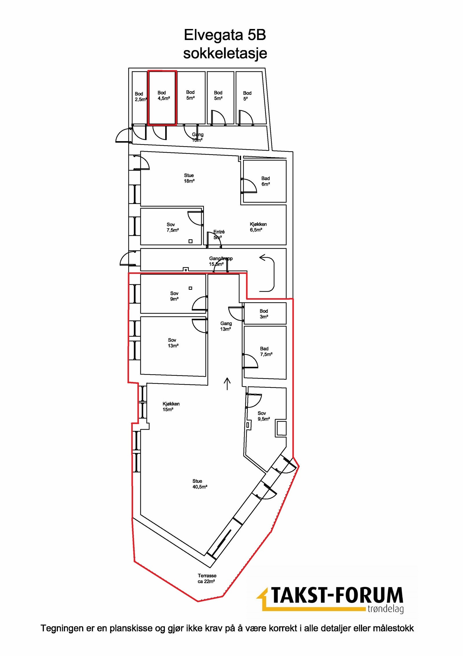 Planskisse. Den aktuelle seksjonen inkl. tilleggsareal er markert med rødt. Markeringene er ment som en illustrasjon og representerer ikke tinglyst seksjonering nøyaktig. Galleribilde