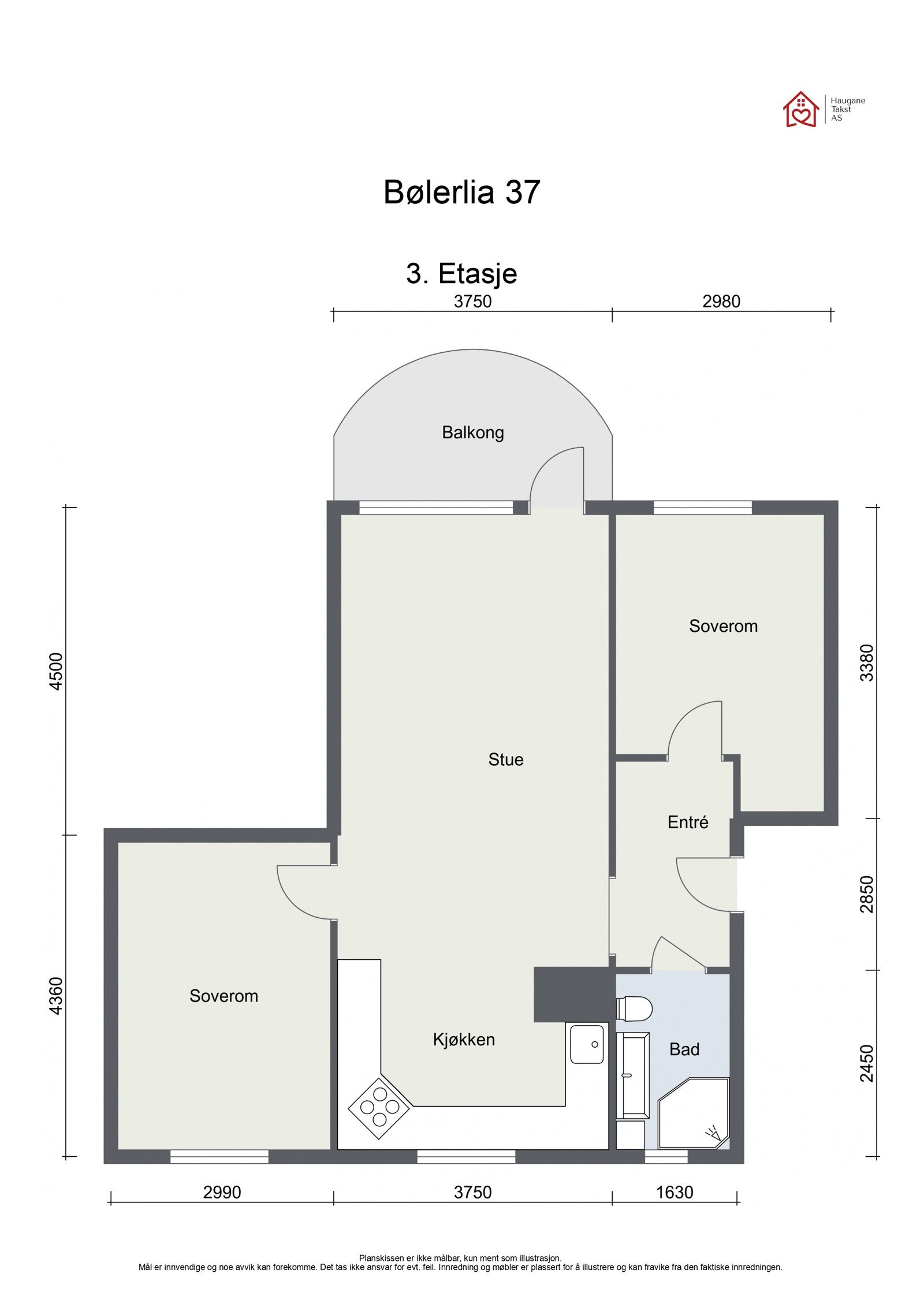 Plantegning i 2D med mål. Leiligheten disponerer i tillegg én ekstern bod. Galleribilde