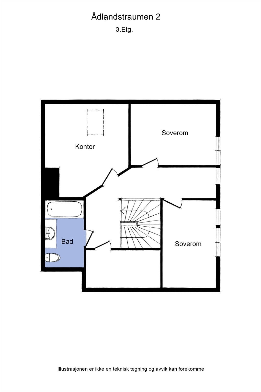 3.etasje: Gang (12,7m²), bad( 4,7m²), soverom (7,9m²), soverom (9,8m²), kontor (12,3m²), bod (5m²) Galleribilde