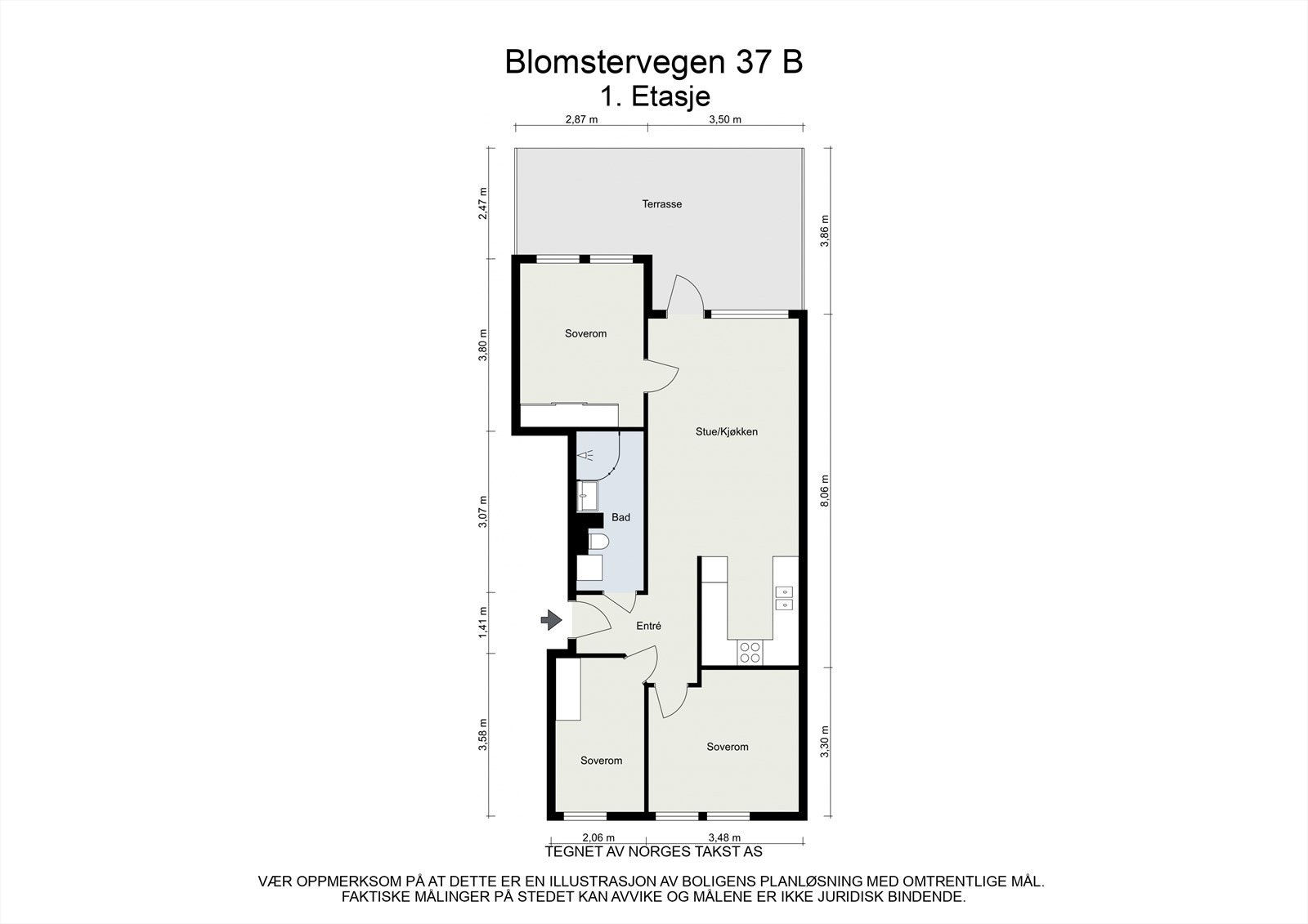 Plantegning. Leiligheten inneholder entré, 3 soverom, bad og åpen stue- og kjøkkenløsning med utgang til balkong. I tillegg disponerer leiligheten en bod i felles kjeller. Galleribilde