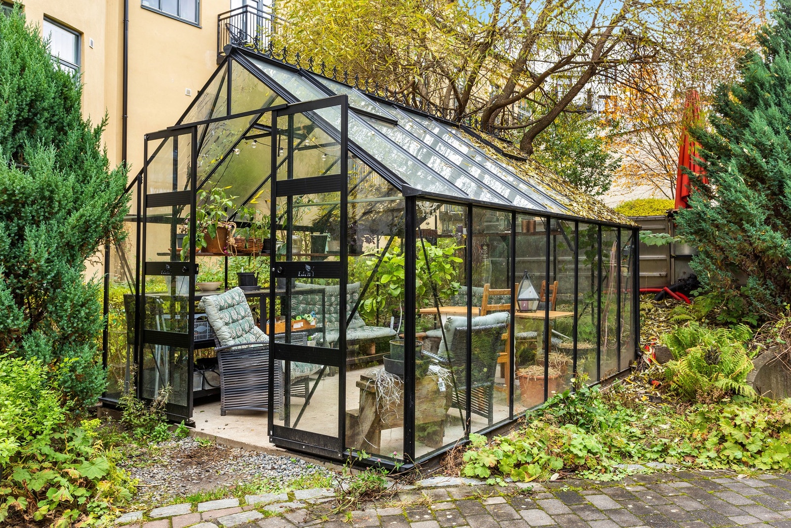Koselig drivhus i bakgården. Galleribilde