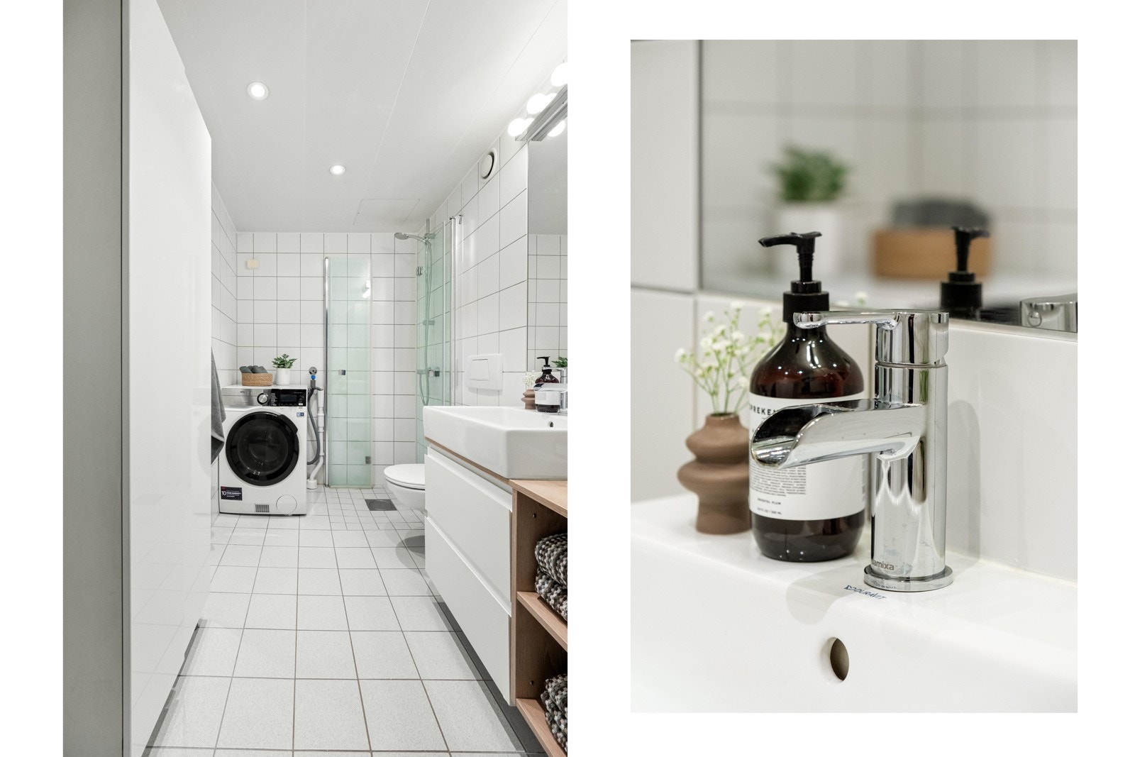 Badet er av god størrelse og har nøytrale farger på fliser med moderne innredning. Galleribilde