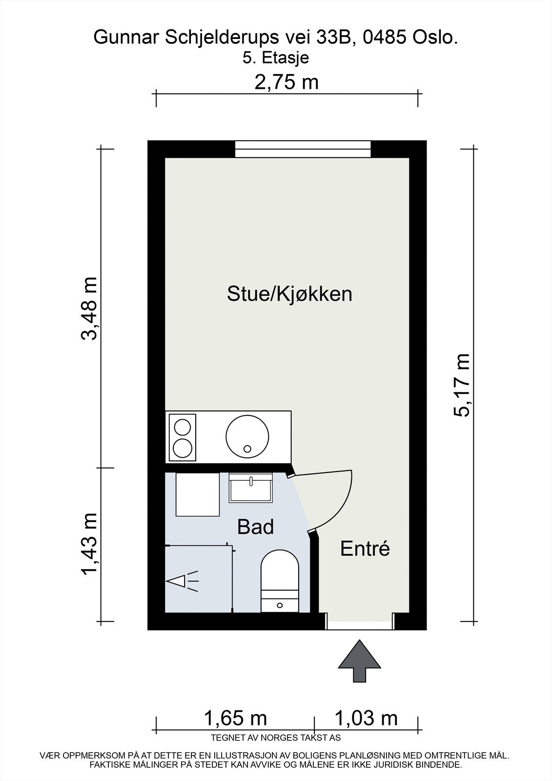 Plantegning. Studioleiligheten inneholder entré, stue/kjøkken med fransk balkong og bad. Galleribilde