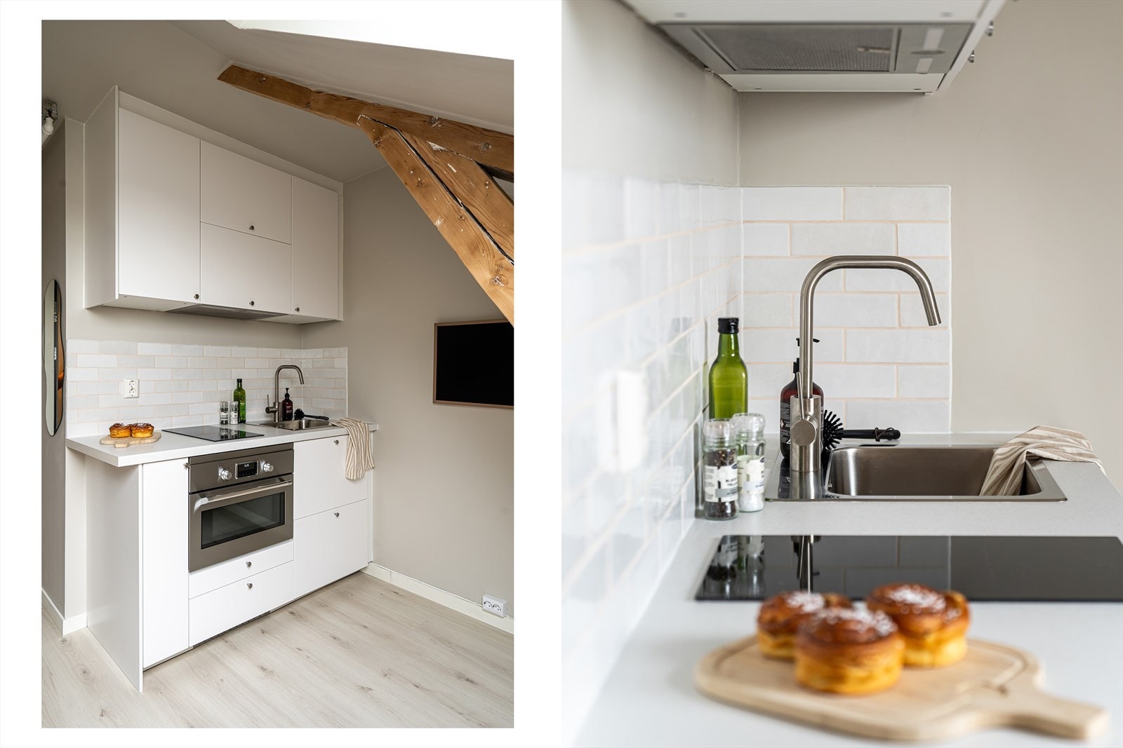 Veggen over benken beskyttes med lyse, pene fliser som står godt til resten av interiøret. Galleribilde