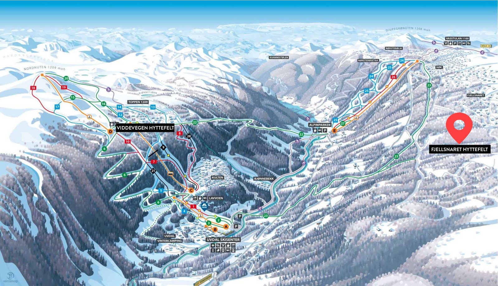 Tomteområdet ligger rett ved alpinbakkenene på Uvdal. Pil er plassert ca på tomteområdet. Galleribilde