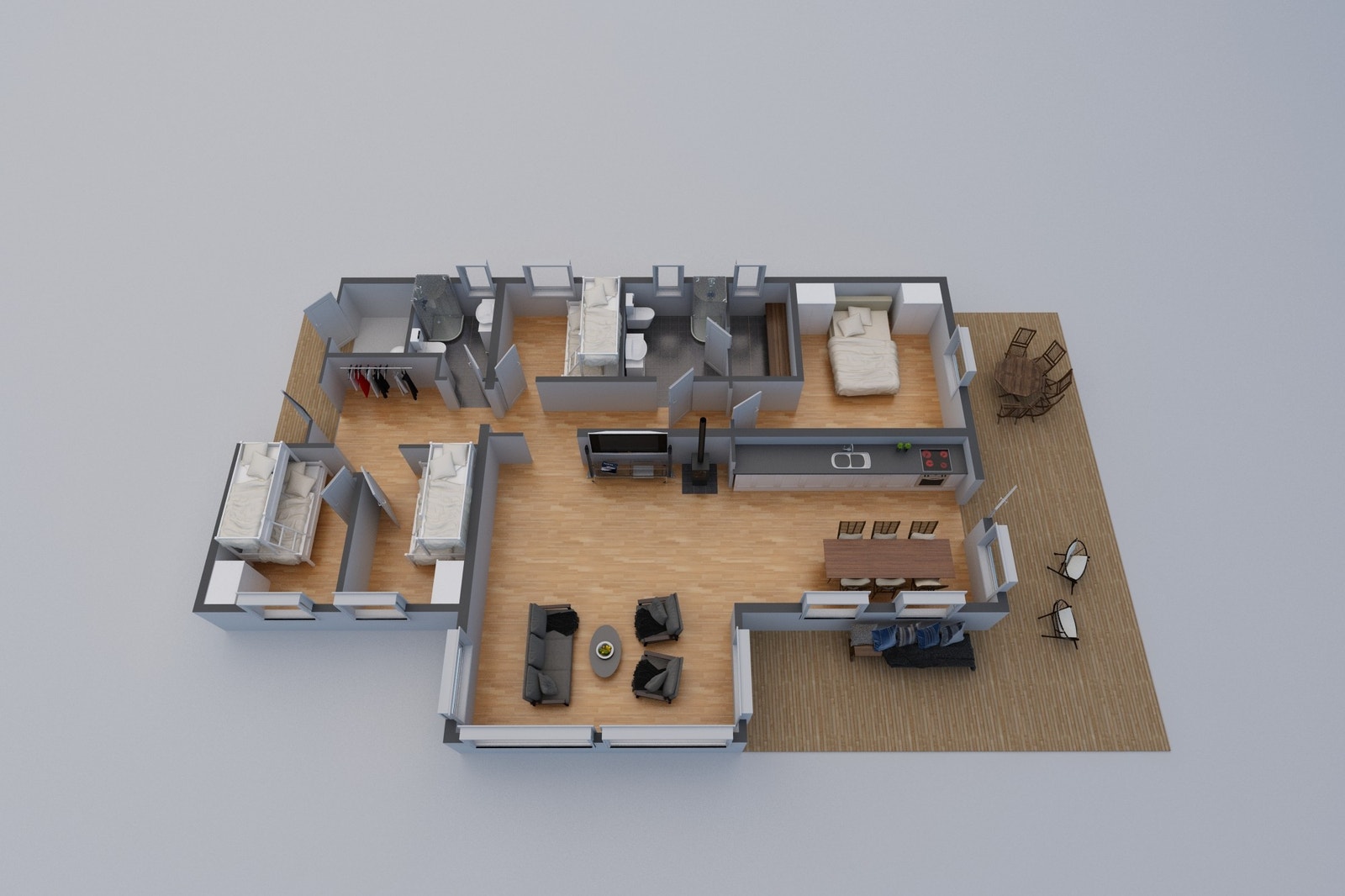 Plantegning. En romslig hytte med god plass i stue- og kjøkkenområdet, 4 soverom og 2 bad. Galleribilde