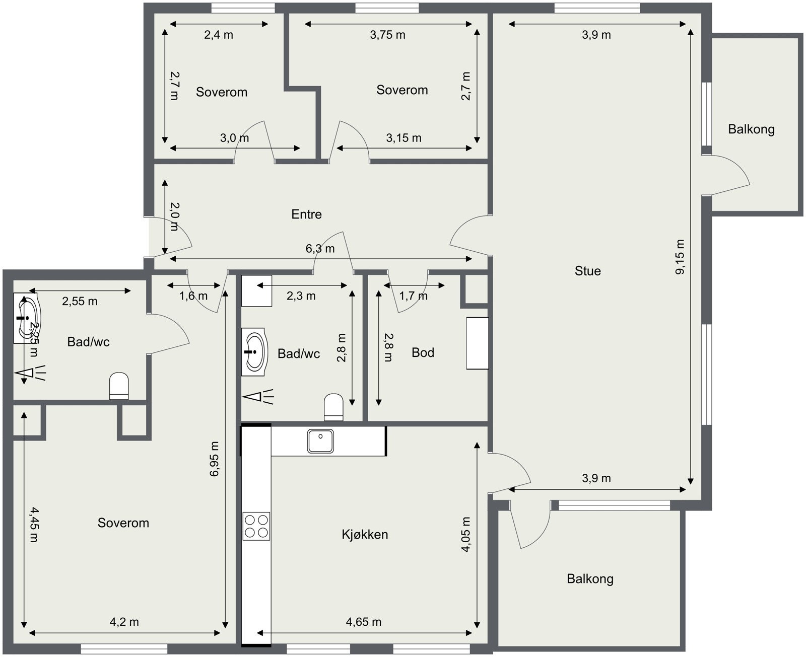 - Meget innholdsrik planløsning med romslig entré, voksensone med soverom og privat bad, to barne-/gjesterom, innvendig bod, stor stue og separat kjøkken - Galleribilde