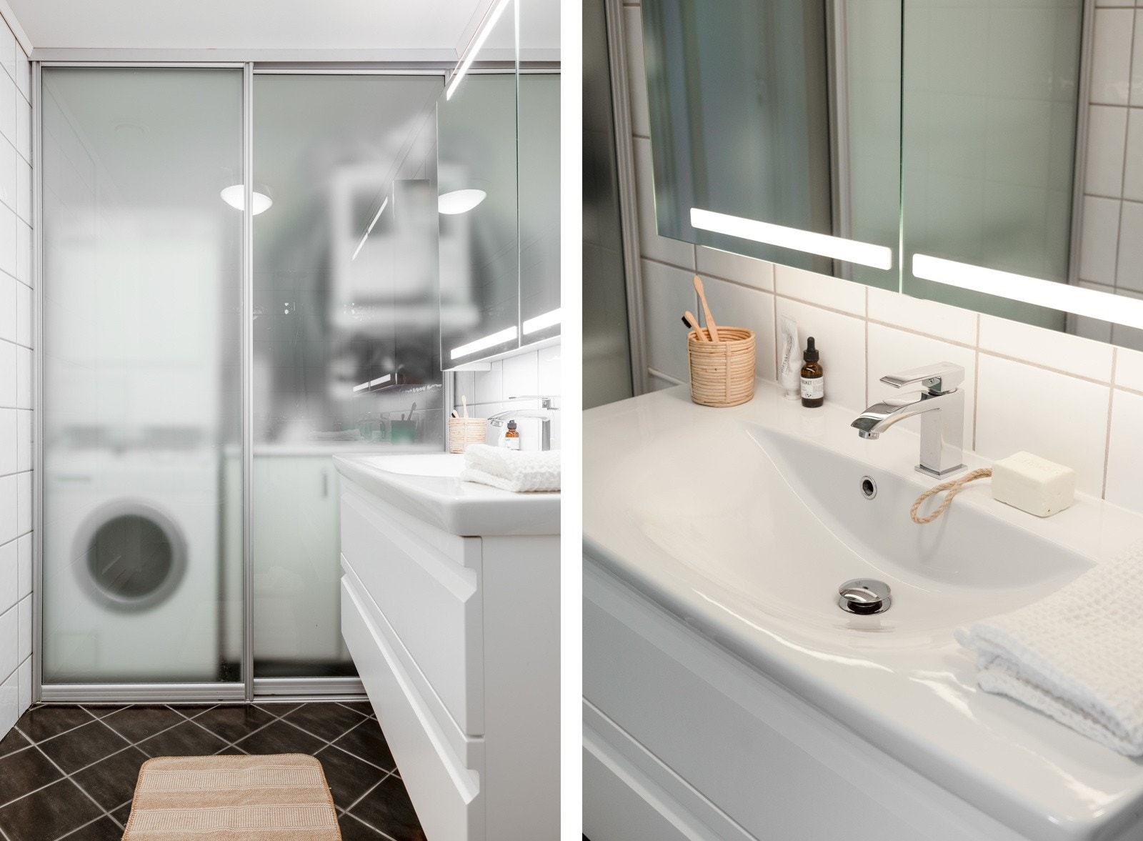 Rommet måler 4.7 kvm og har en praktisk løsning for vaskemaskin og tørketrommel i egen nisje bak skyvedører. Galleribilde