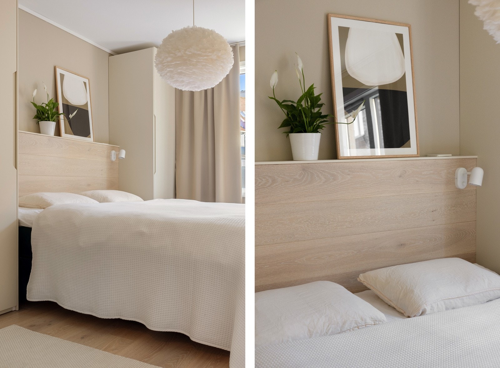 Rommet har nye garderobeskap med lys og spesialbestilte fronter. Det er også montert gardinskinne i tak. Galleribilde