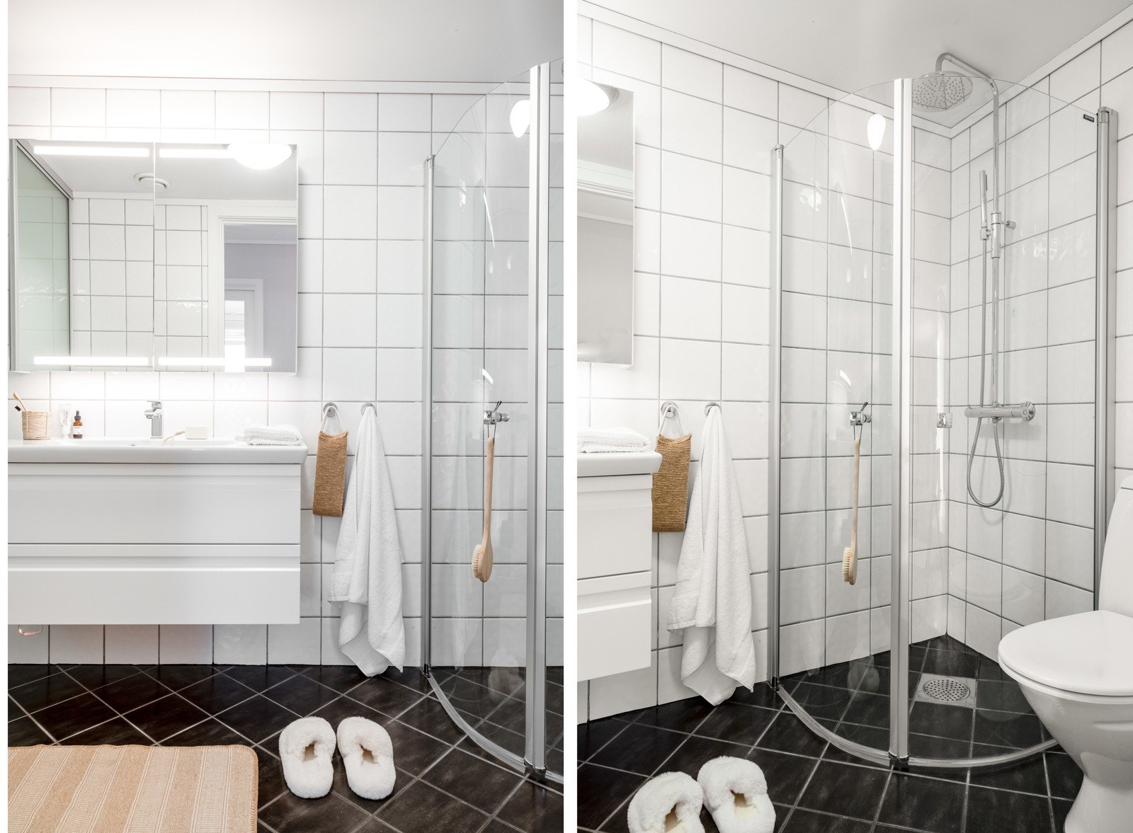 Badet har varmekabler i gulvet. Leiligheten har også en ekstern bod i kjeller på 6 kvm som ikke er avbildet. Galleribilde