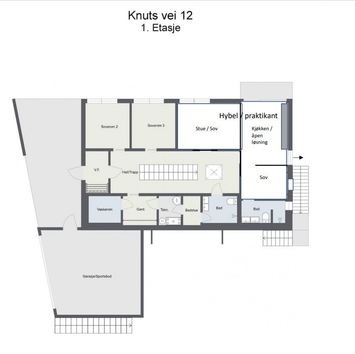 Planskisse hybel. Hybelen kan evt reduseres i størrelse, ved at rom merket Stuesov innlemmes i hovedenheten Galleribilde
