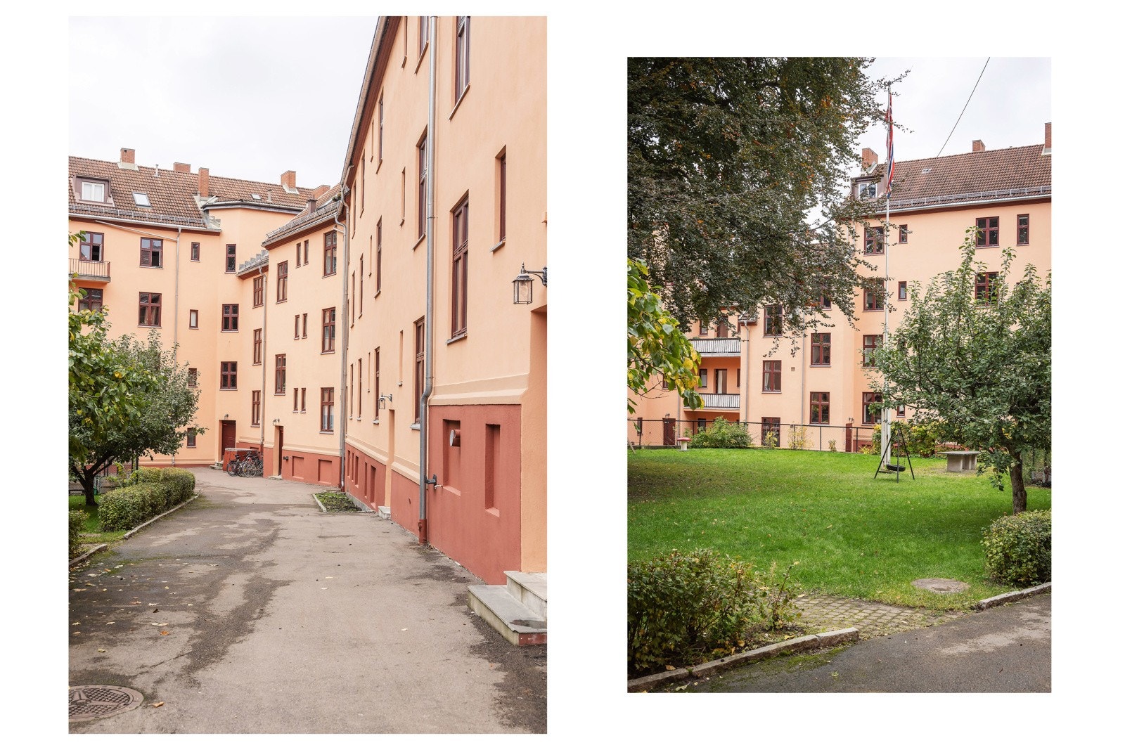 Bakgården har tørkestativ (voksenpoeng, men veldig praktisk!) og sittegrupper. Ellers finnes det også sykkelstativ ute og sykkelbod inne. Galleribilde