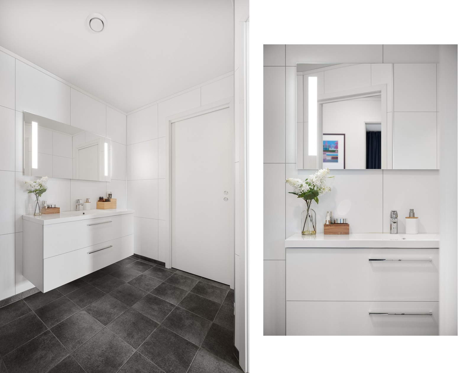 Praktisk med to bad - Badet er pent og tidløst, med flislagt gulv (med varme) Galleribilde