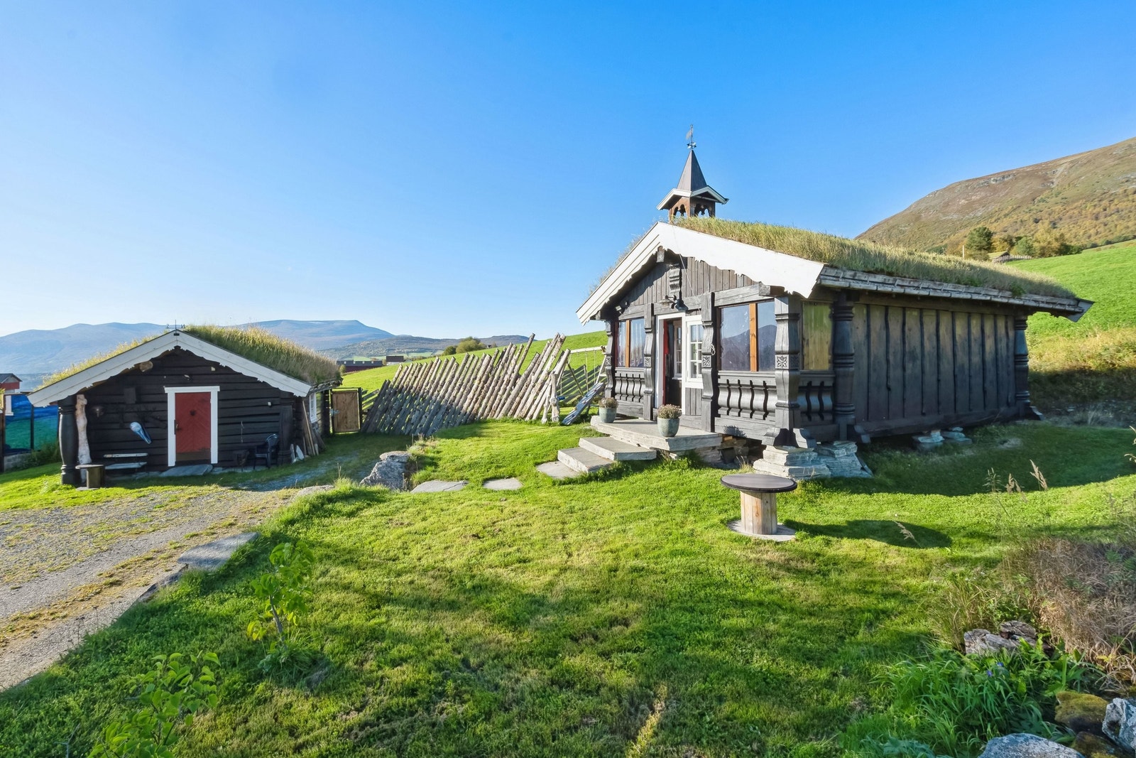 Til venstre i bildet står Litj-stuggu (Amazing place for relax and experiences). Stor-stuggu til høyre. (Second home/cabin with amazing View to the mountains) Begge disse to ligger ute for utleie ved Airbnb. Alt inventar følger med i salget/kjøpet Galleribilde