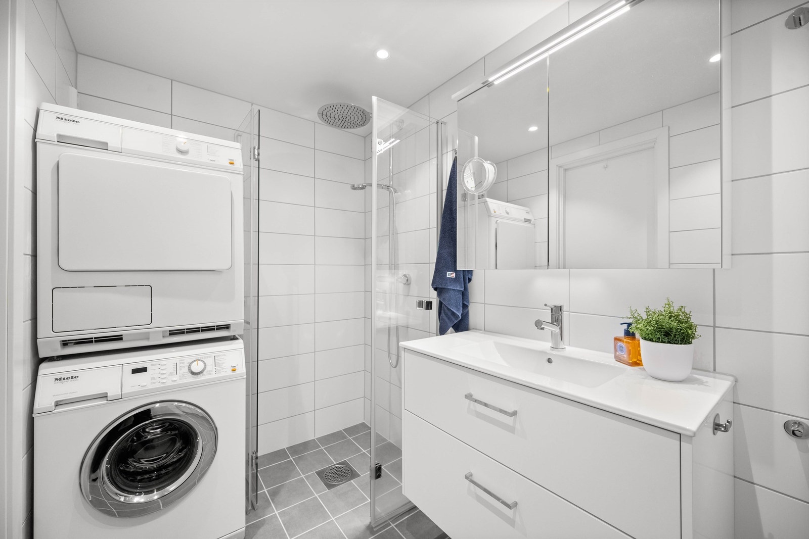 Dusj med dusjdører, hånddusj og regnfallsdusj Galleribilde